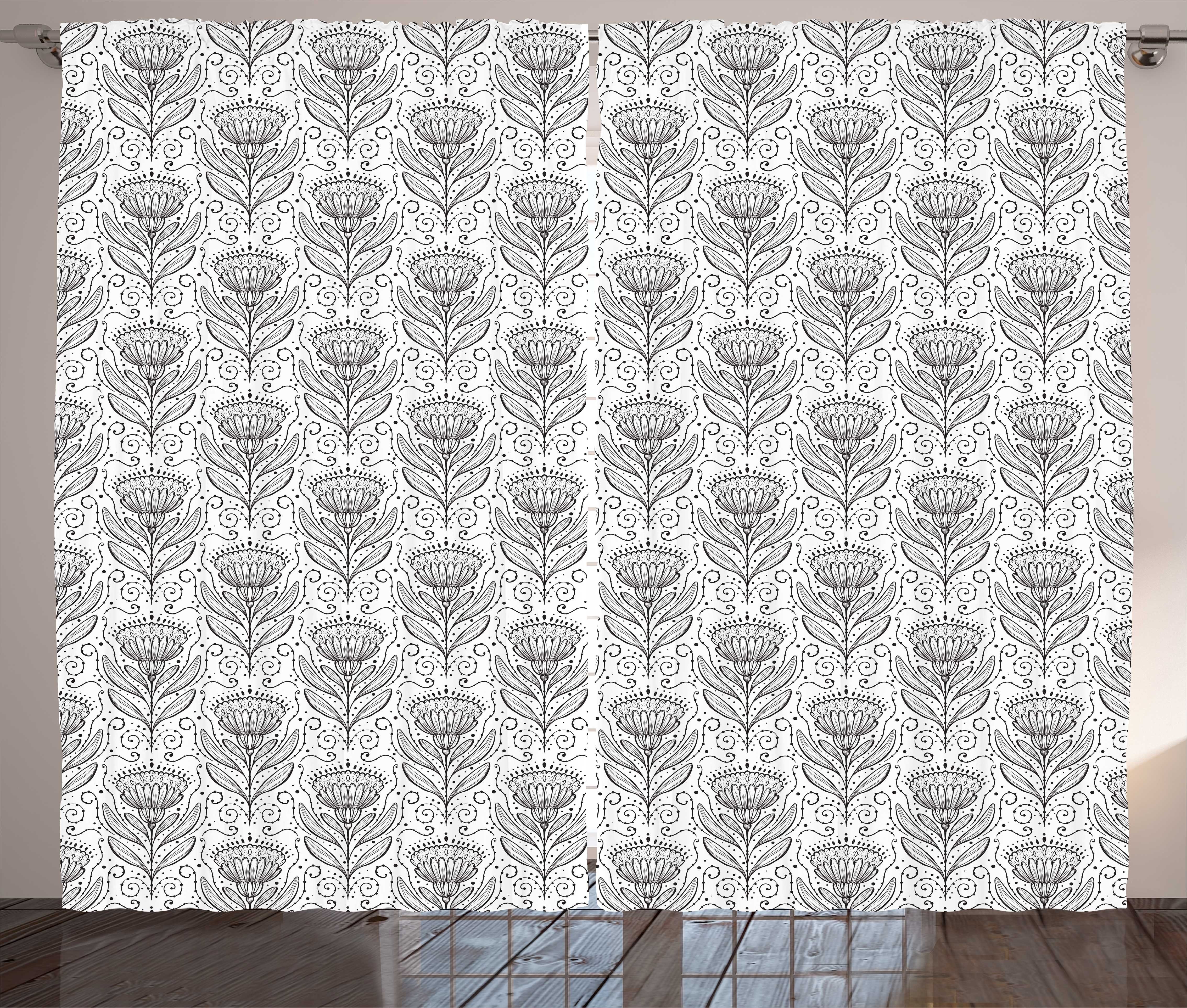 Haken, Blumen-Muster Vorhang Achromatic mit Abstrakt Kräuselband Schlafzimmer Gardine und Abakuhaus, Schlaufen