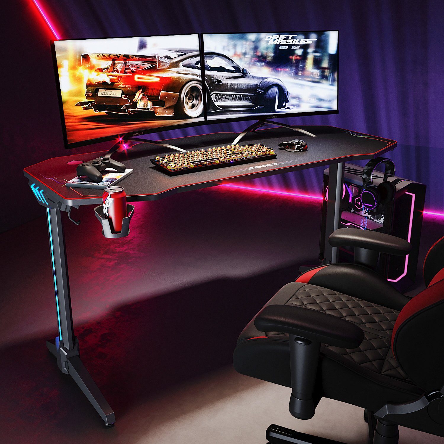 SONNI Gamingtisch »Computertisch Schreibtisch mit RGB LED Beleuchtung,Mauspad«,  Breite 140cm,mit Becherhalter und Kopfhörerhaken, energiesparend