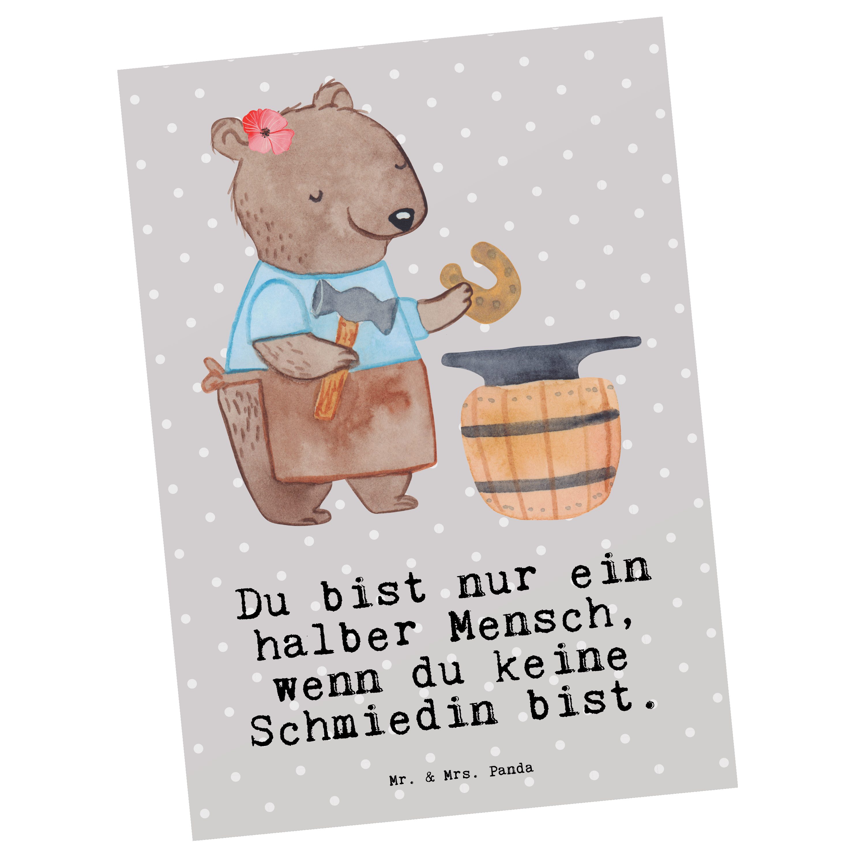 Mr. & Mrs. Panda Postkarte Schmiedin mit Herz - Grau Pastell - Geschenk, Jubiläum, Mitarbeiter