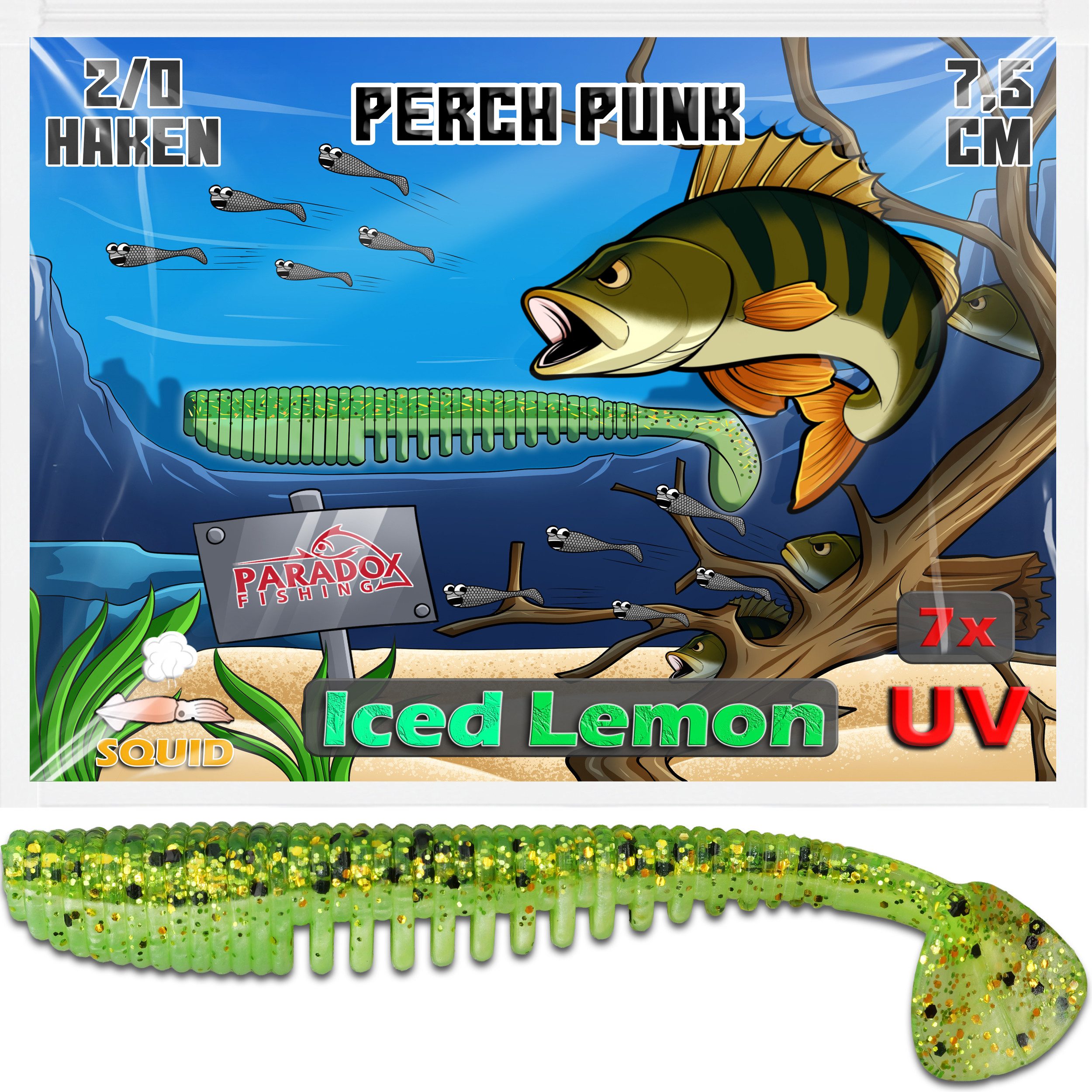 Paradox Fishing Kunstköder Perch Punk 7,5cm Barsch Gummifisch, UV-Aktiv, Squid-Aroma, 7-Stück