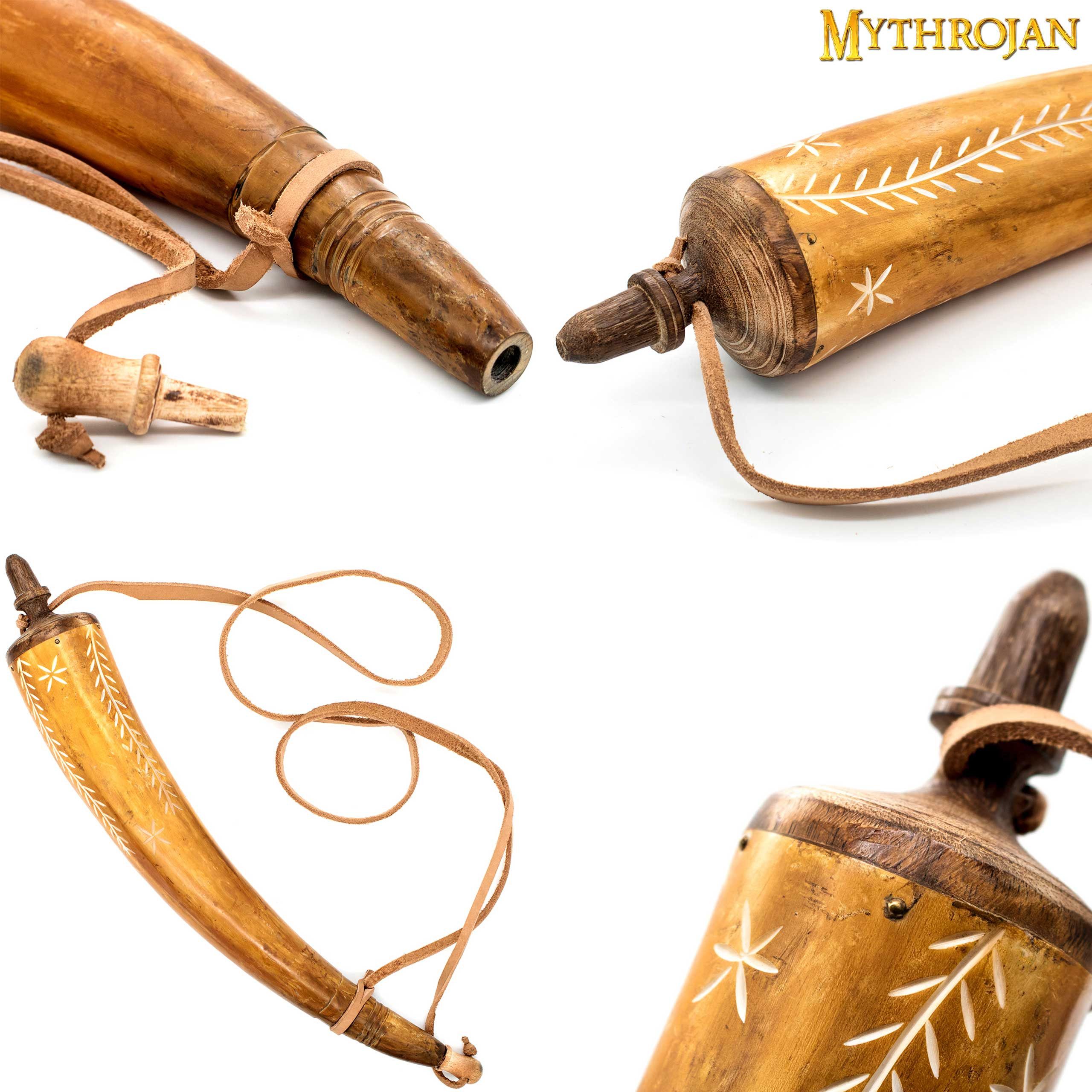 Mythrojan Ritter-Kostüm Geschnitztes Pulverhorn mit Lederriemen