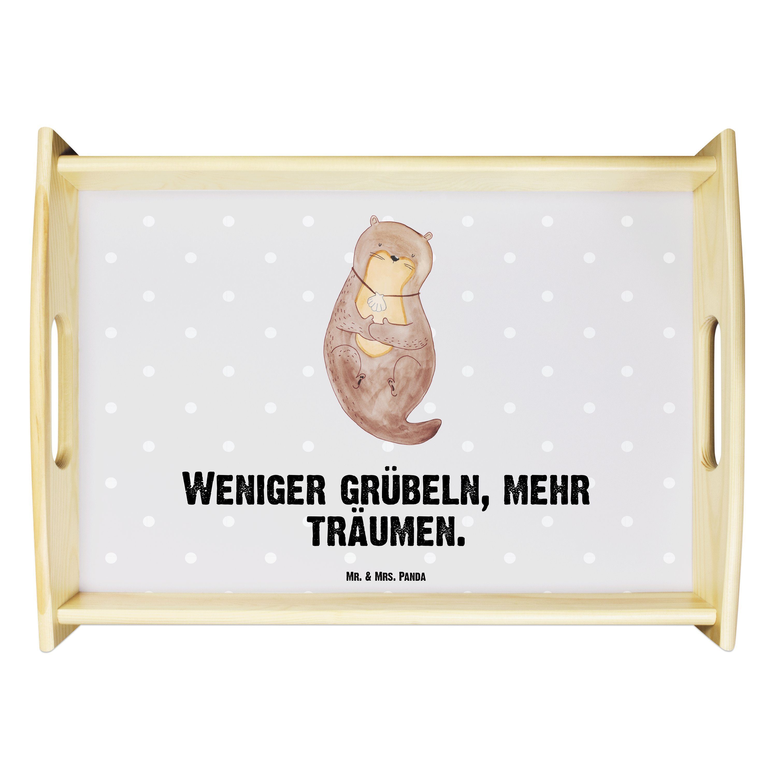 Mr. & Mrs. Panda Tablett Otter mit Muschelmedaillon - Grau Pastell - Geschenk, Küchentablett, Echtholz lasiert, (1-tlg)
