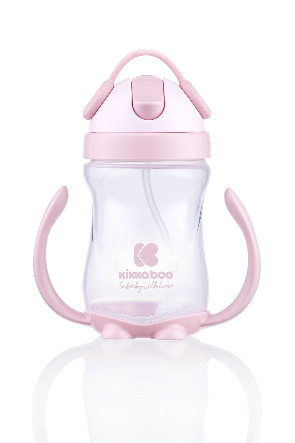 Kikkaboo Trinkflasche Trinklernbecher 300ml, mit Strohhalm Schnabeltasse Griffe Schutzdeckel rosa