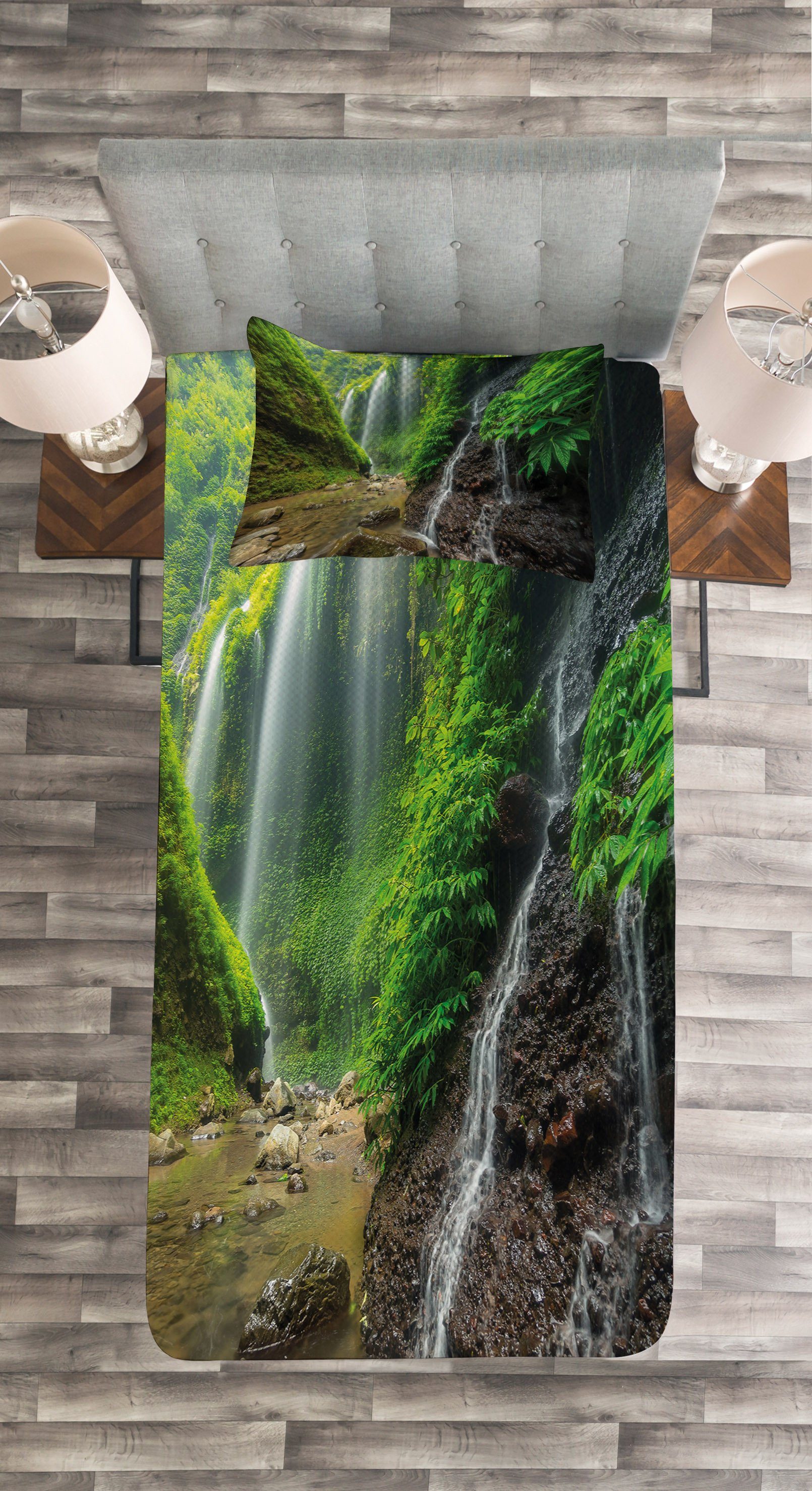 Wald Wasserfall Waschbar, mit Tagesdecke Set Landschaft Kissenbezügen Abakuhaus,