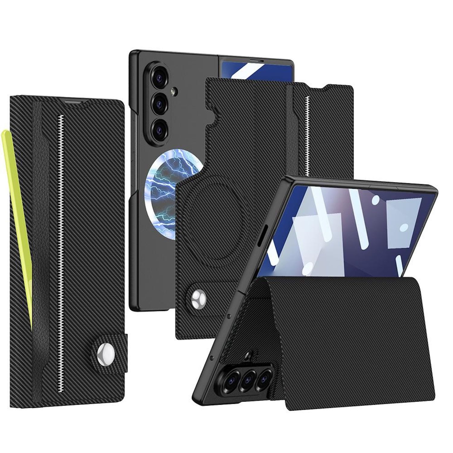 Wigento Handyhülle Für Samsung Galaxy Z Fold7 GKK MagSafe Split Flip Leder Hülle Carbon, Split-Flip Leder Hülle mit MagSafe Funktion