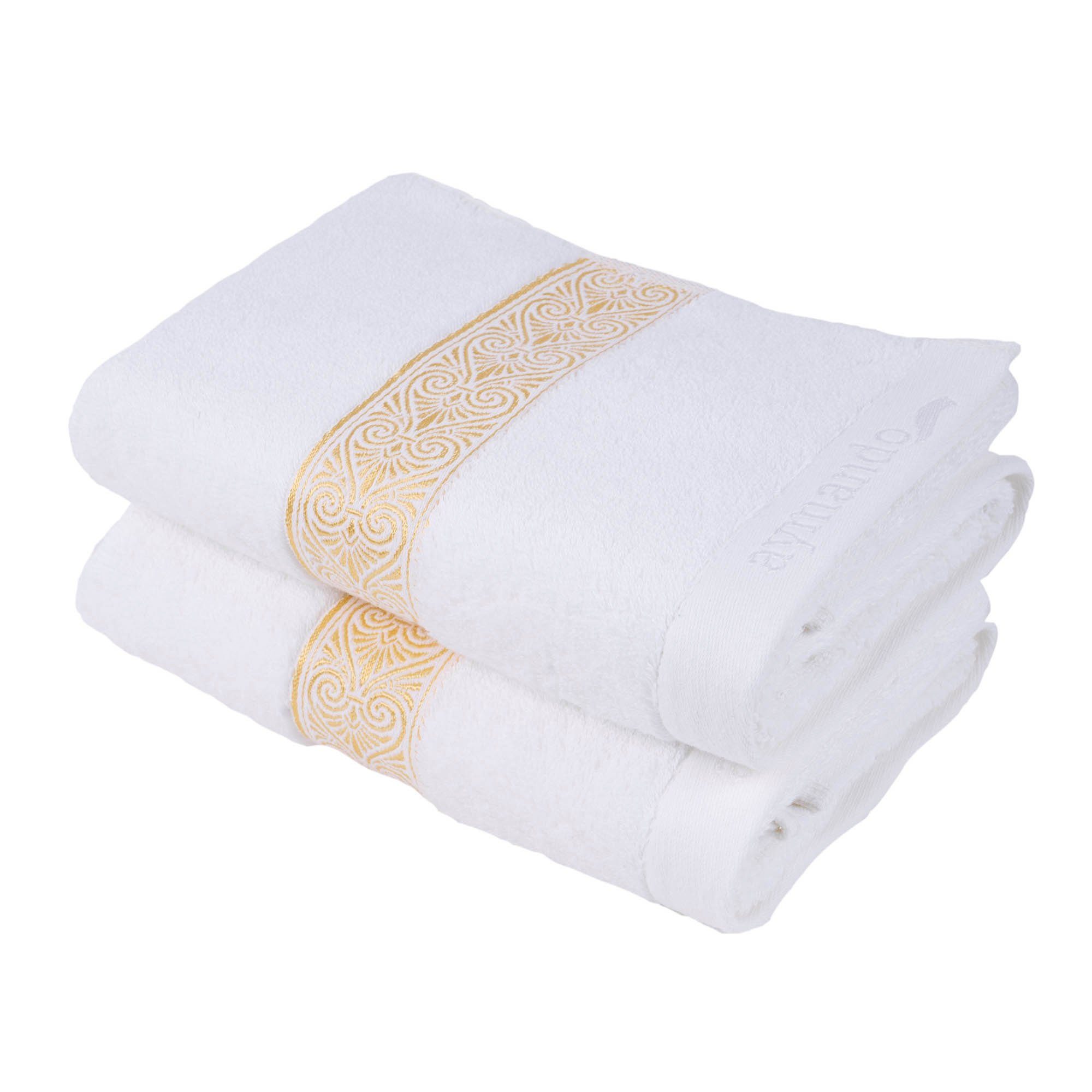 Aymando Handtücher Luxus, 100% ägyptische Gold, Ornamentstickerei in Baumwolle edle (2-St), Weiß Aufhängeschlaufe