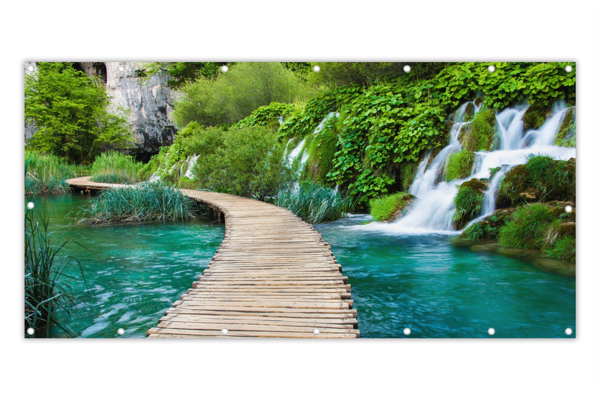 MuchoWow Balkonsichtschutz Brücke - Wasser - Pflanzen - Wasserfall - Grün (1-St) Balkonbanner, Sichtschutz für den Balkon, Robustes und wetterfest