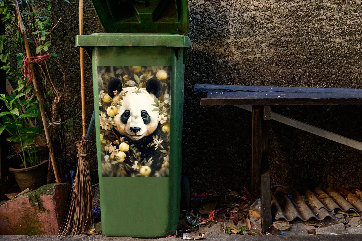 Sticker, Pandabär Container, Wildtiere - St), MuchoWow Wandsticker (1 - Panda Mülltonne, Mülleimer-aufkleber, Blumen - Abfalbehälter