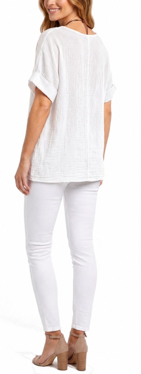 dy_mode Kurzarmbluse Damen Kurzarm Bluse Leichte Sommer Tunika Baumwollbluse Oberteil in Unifarbe, mit passende Kette