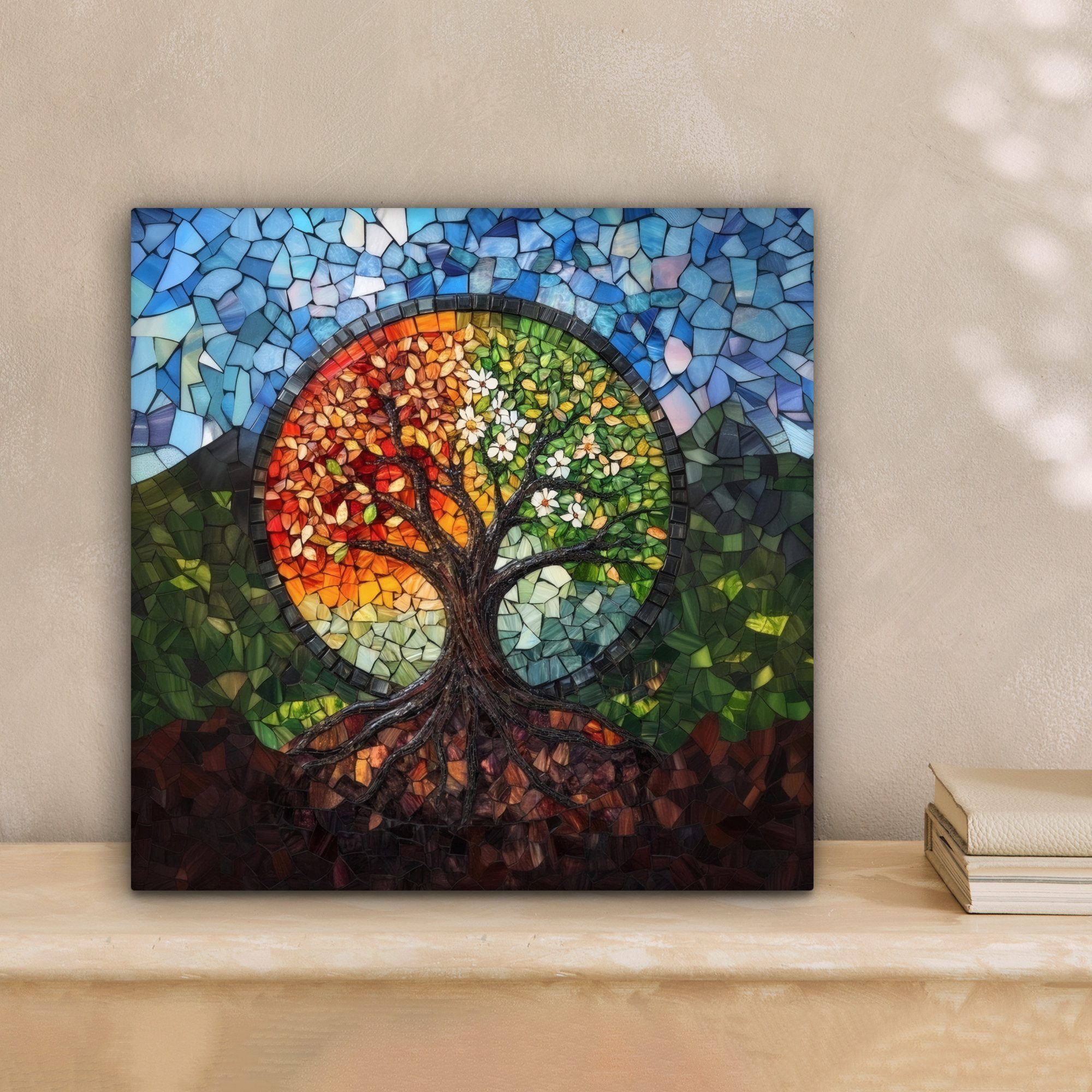 OneMillionCanvasses® Leinwandbild Baum - Jahreszeiten - Mosaik - Berge, Fot günstig online kaufen