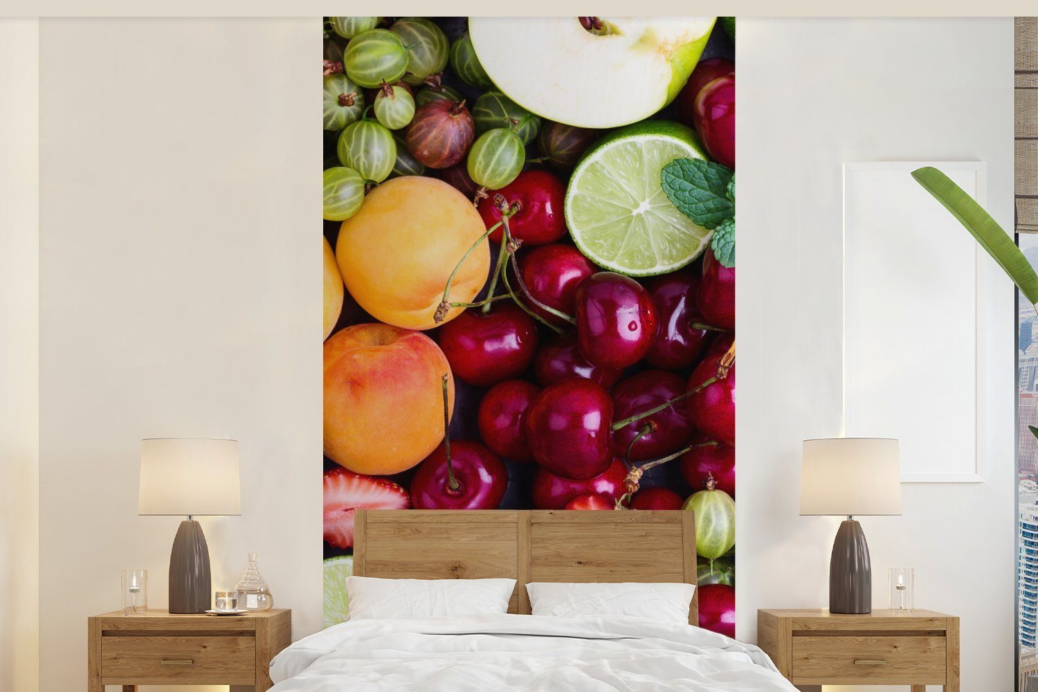 Farben - für Sommer, Schlafzimmer Fototapete (2 Fototapete bedruckt, - Vliestapete Matt, St), Obst Küche, Wohnzimmer MuchoWow