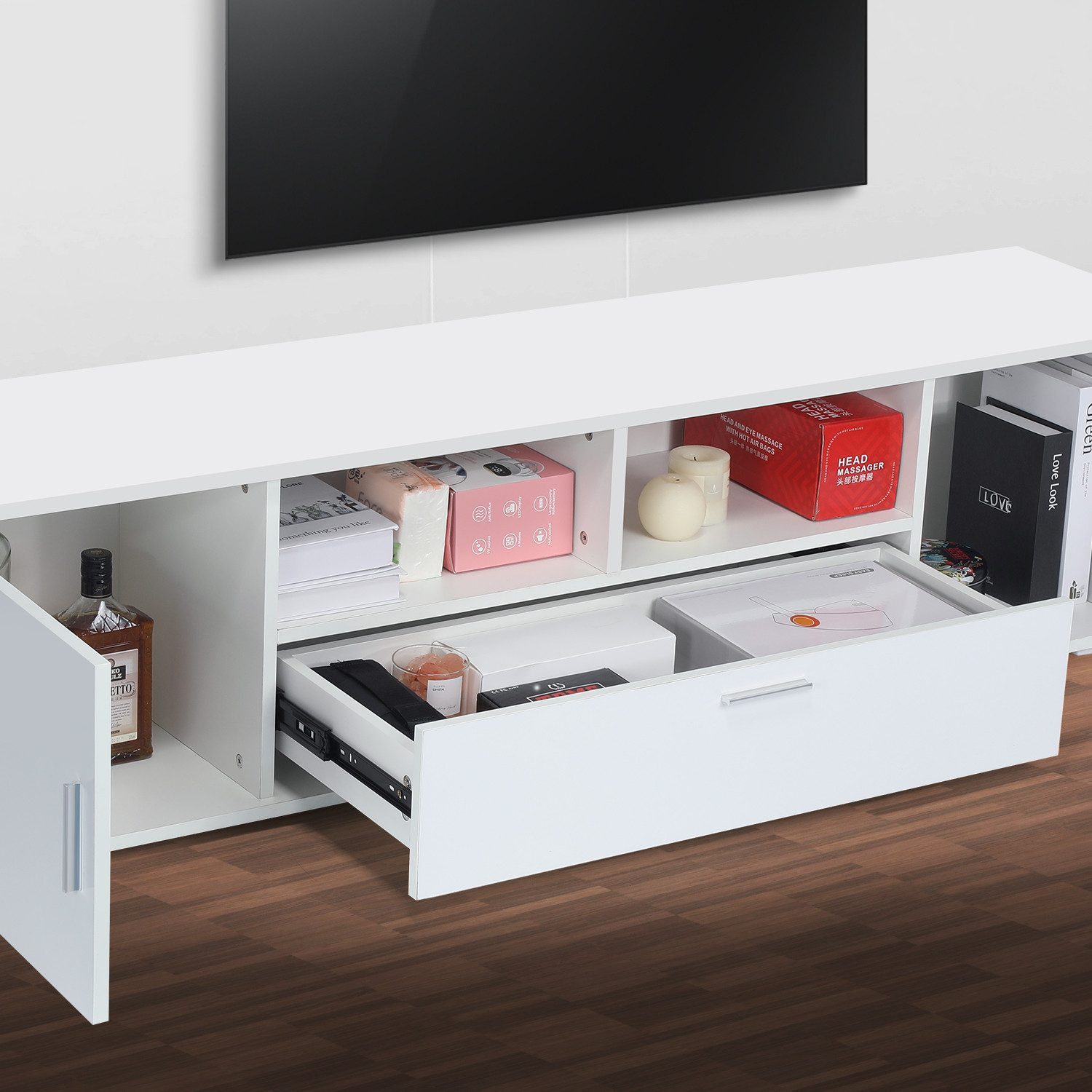 WILGOON TV-Schrank Fernsehkommode, Hochglanz TV Schrank, mit 16 Farben LED Beleuchtung (Fernsehschrank, 1-St., 2 offenes Regalfach,3 Ablagen mit Griff Klapptüre – Bild 3 von 5