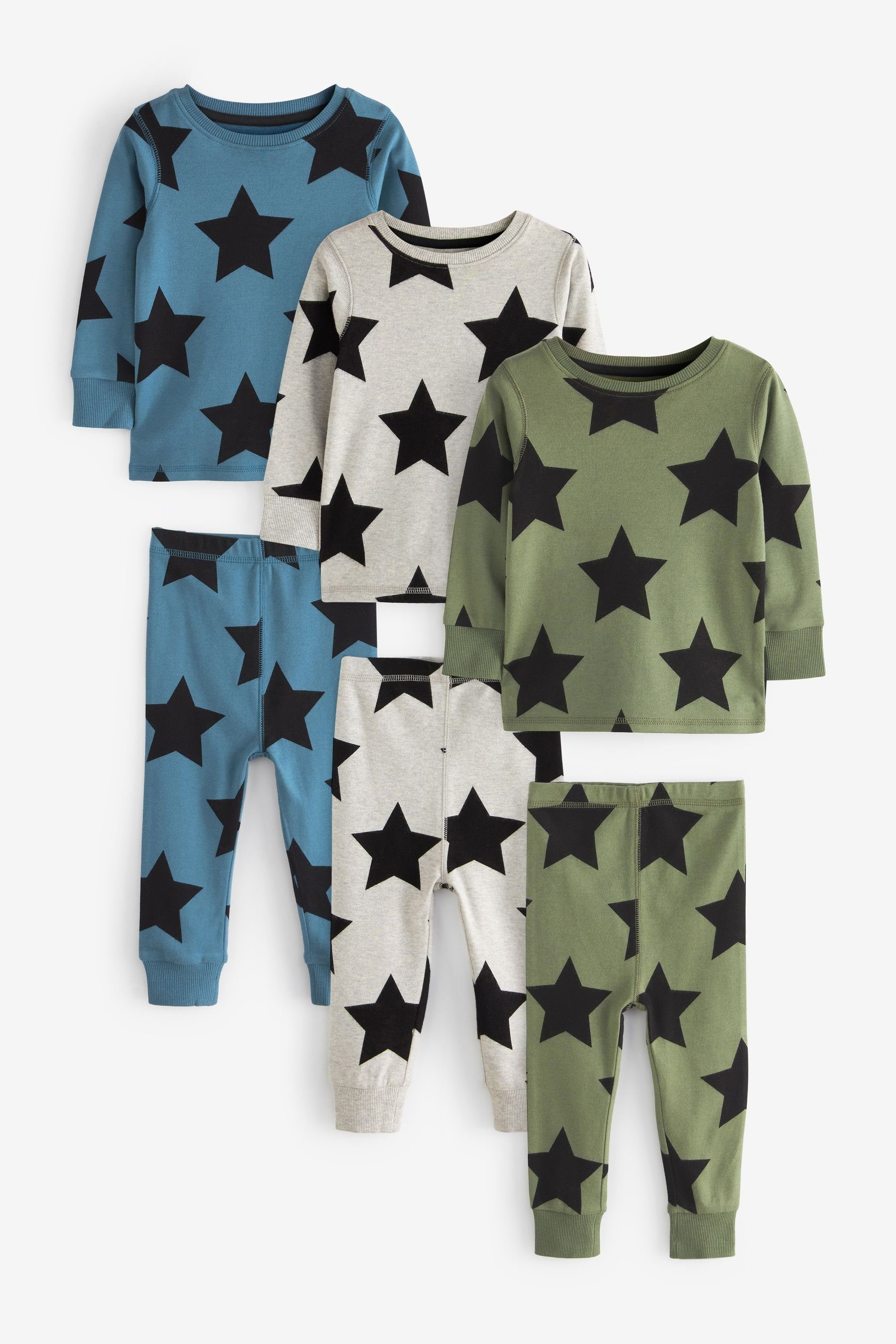 Next Pyjama Kuschelpyjamas, 3er-Pack (6 tlg) Khaki Green/Blue/White Star