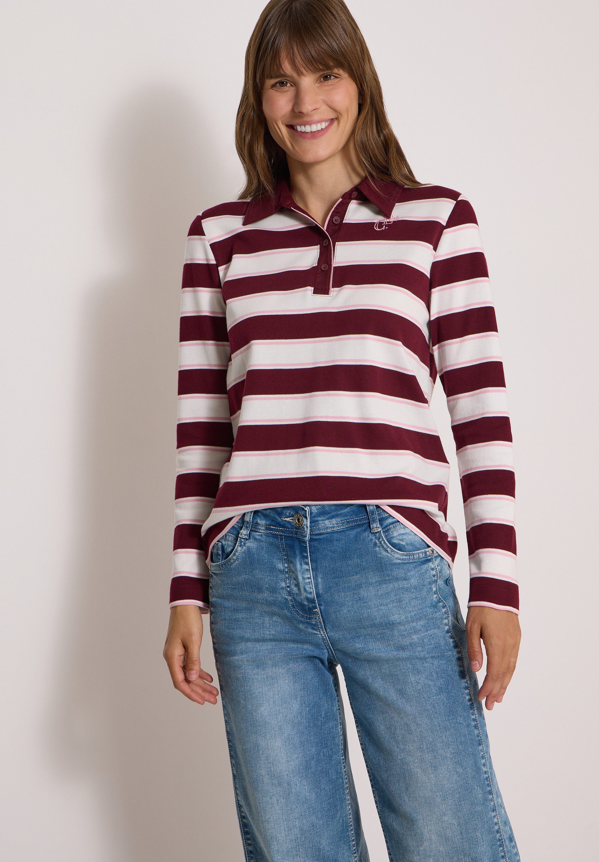 CECIL Langarm-Poloshirt mit Streifen und Stickerei