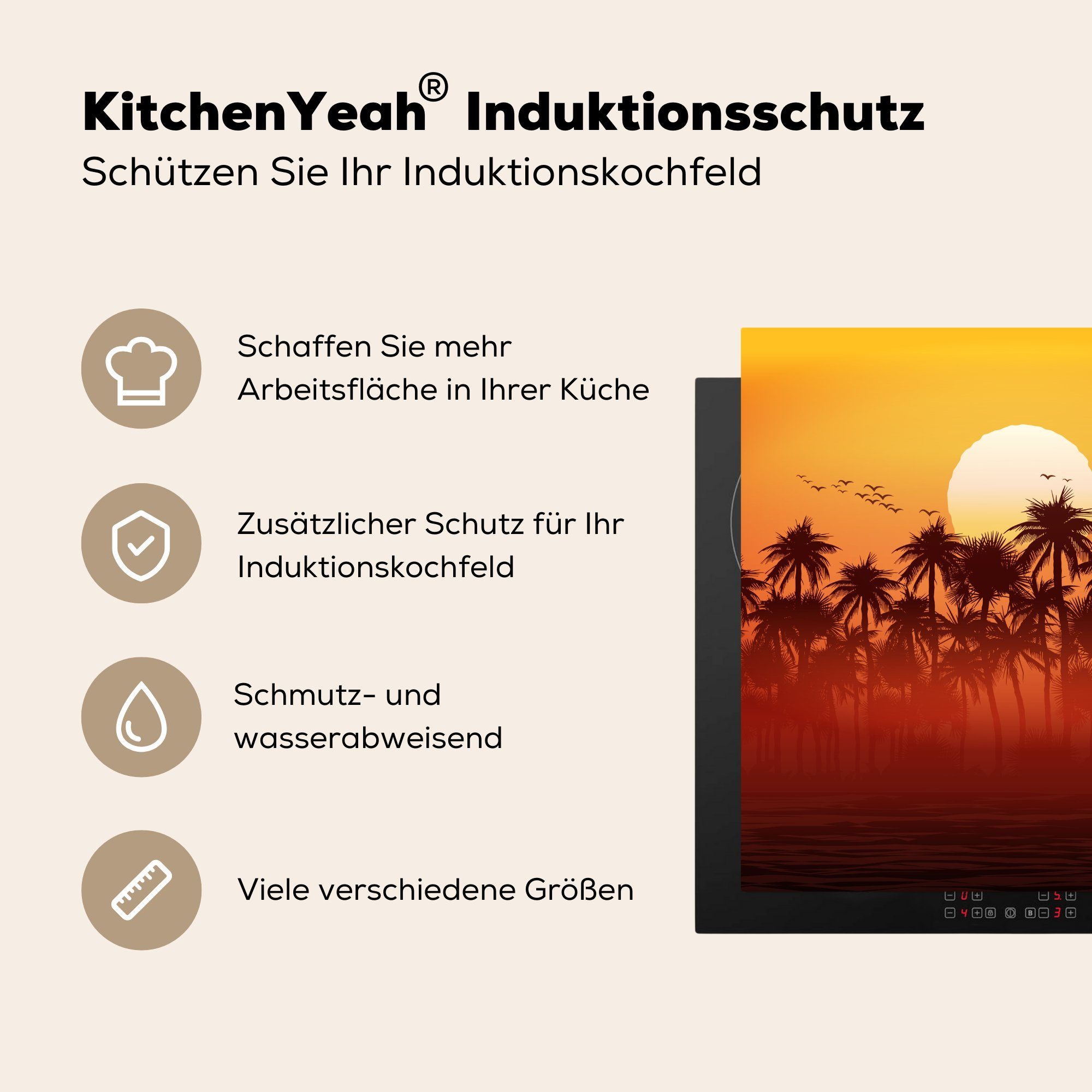 küche (1 Herdblende-/Abdeckplatte 78x78 für Vogel, Palme tlg), Sonne Arbeitsplatte Ceranfeldabdeckung, cm, - - Vinyl, MuchoWow