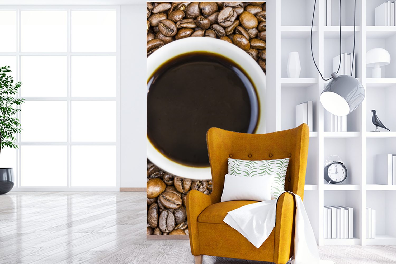 MuchoWow Fototapete Eine Tasse St), umgeben, von Schlafzimmer bedruckt, Wohnzimmer Kaffeebohnen Küche, für Matt, Kaffee (2 einem Fototapete Haufen Vliestapete ist