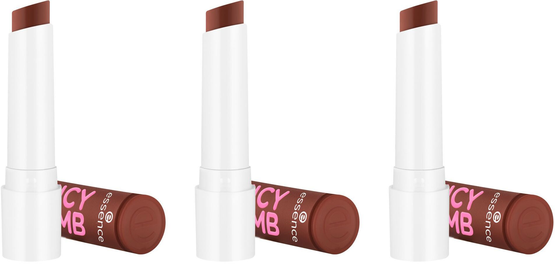 Essence Lippenbalsam JUICY BOMB glossy butter balm, 3-tlg., Schmelzende Textur mit schokoladigem Duft für glänzende Lippen!