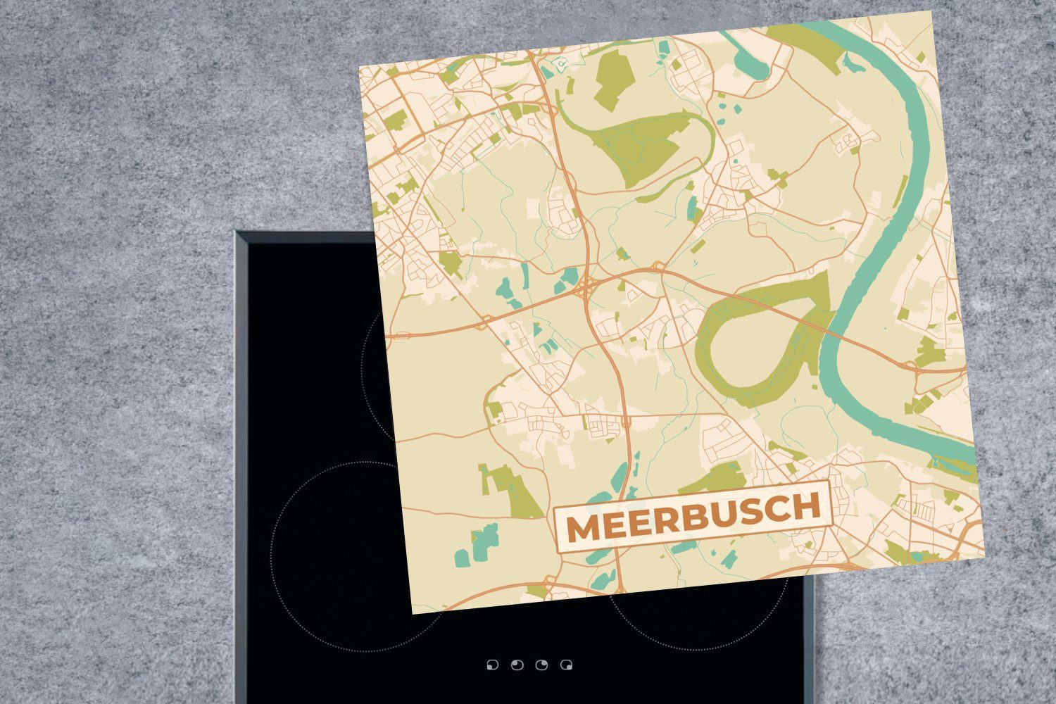 (1 Arbeitsplatte MuchoWow - cm, Ceranfeldabdeckung, für Meerbusch Stadtplan - - 78x78 Karte Vinyl, Herdblende-/Abdeckplatte Vintage, tlg), küche