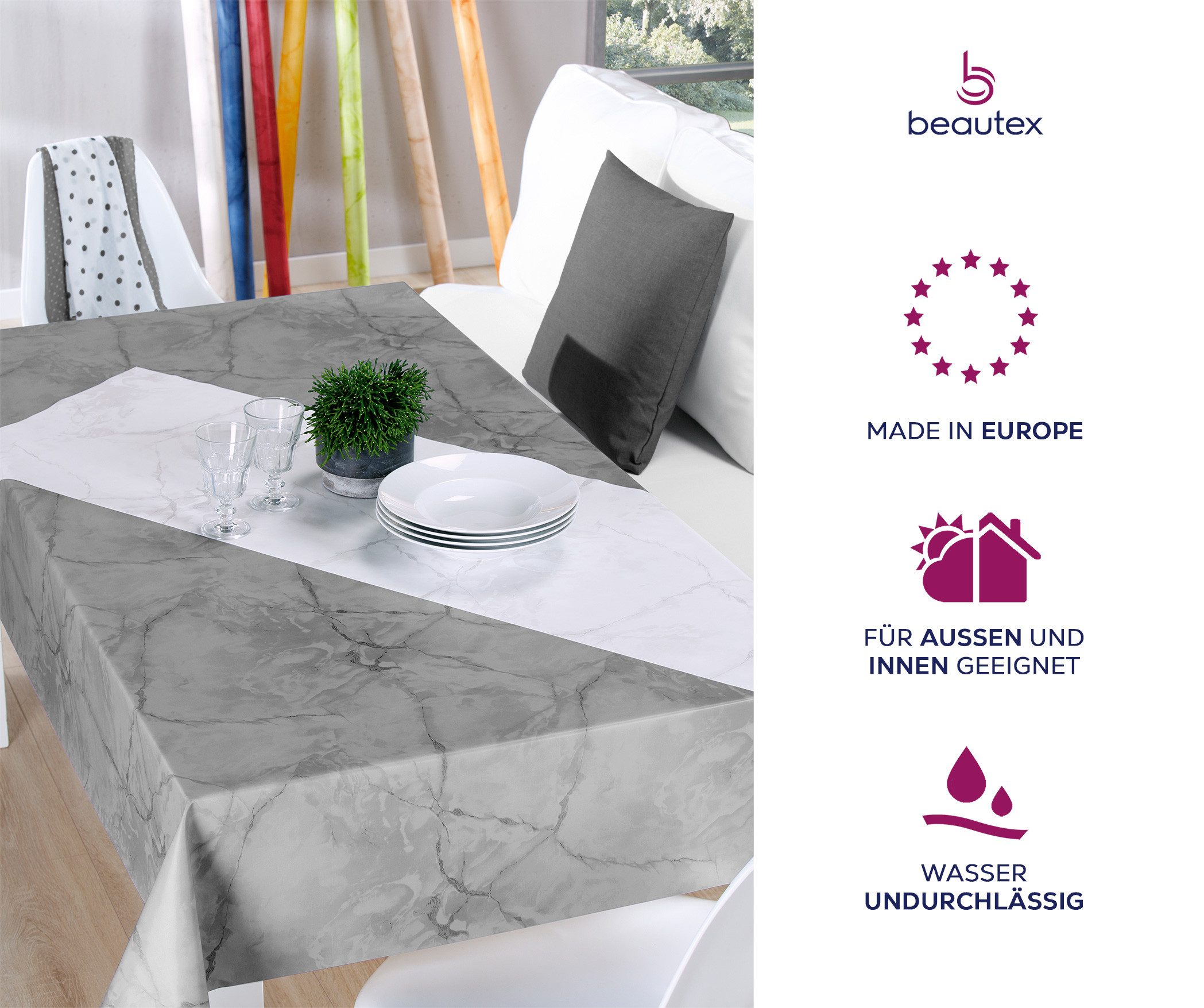 Beautex Tischdecke Wachstuchtischdecke abwischbar, Gartentischdecke Marmorstein (1-tlg)