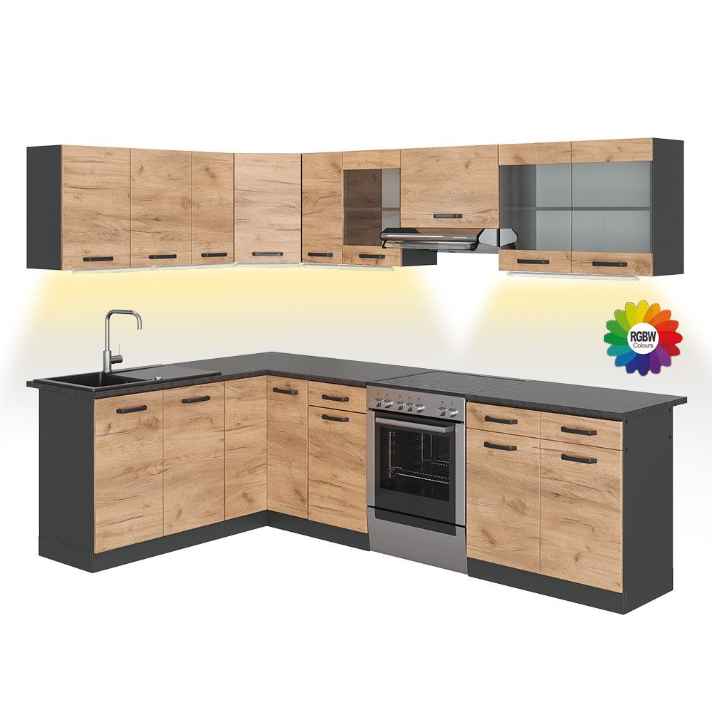 Vicco Winkelküche Rick, Goldkraft Eiche/Anthrazit, 267 x 167 cm, AP Schwarz mit LED-L...