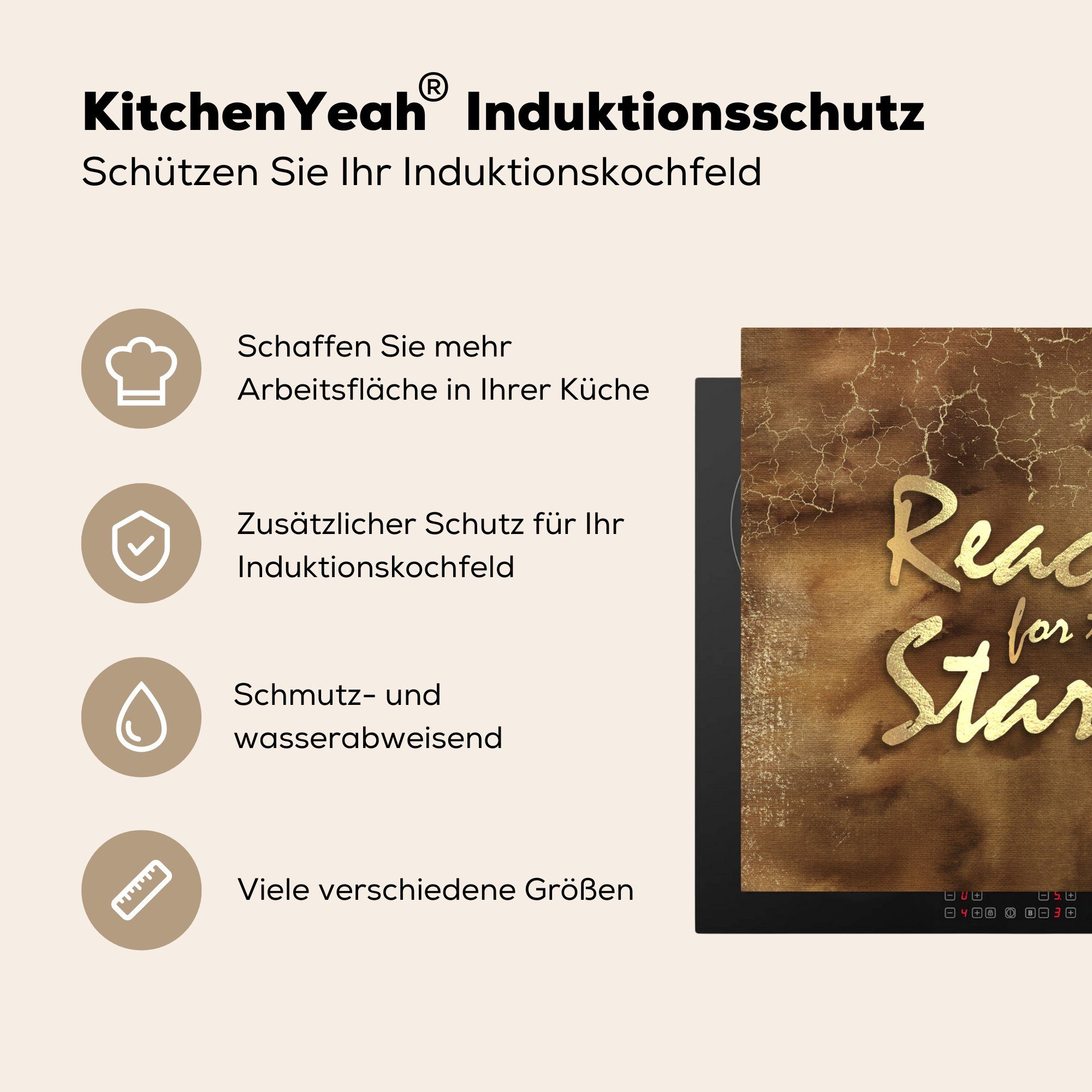 - MuchoWow tlg), Vinyl, küche Ceranfeldabdeckung, cm, - Sterne (1 für - Gold, Herdblende-/Abdeckplatte Zitat 78x78 Arbeitsplatte Braun