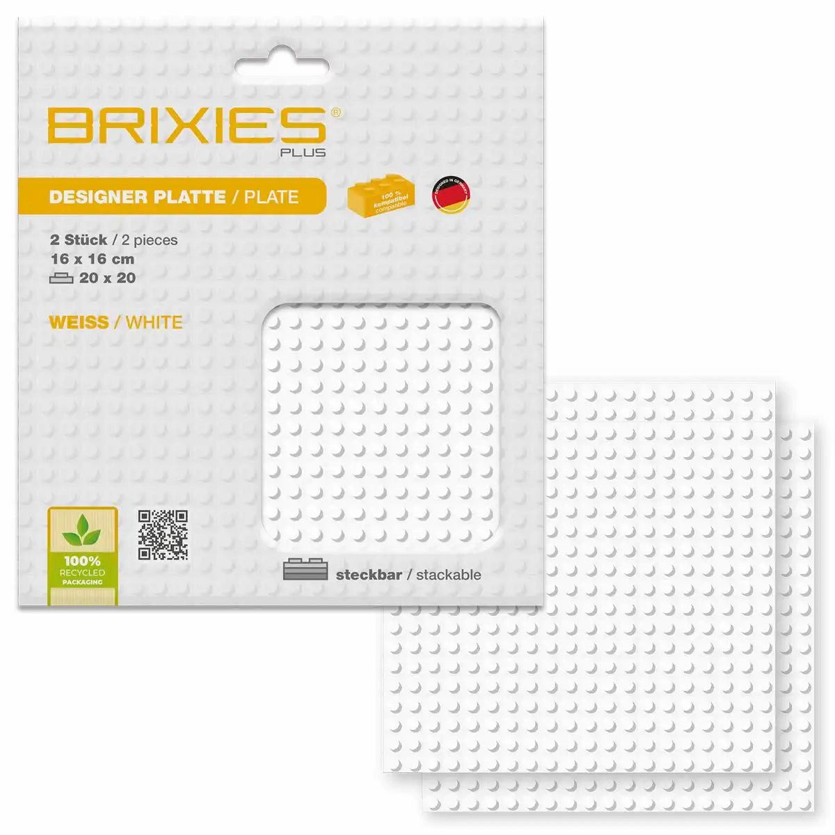 Brixies BRIXIES Bodenplatte Doppelpack weiß 20x20cm Konstruktionsspielsteine, kompatible Klemmbausteine