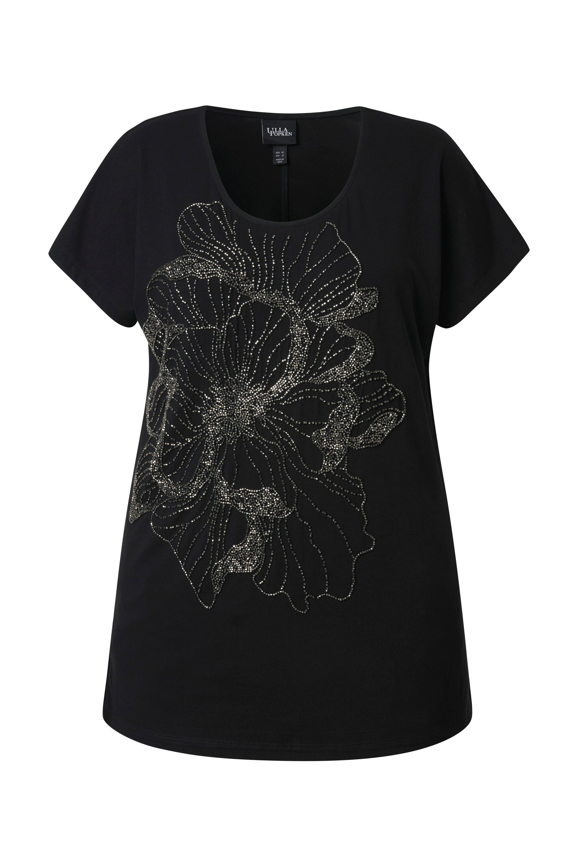 Ulla Popken T-Shirt T-Shirt Glitzersteinchen-Blüte Rundhals Halbarm