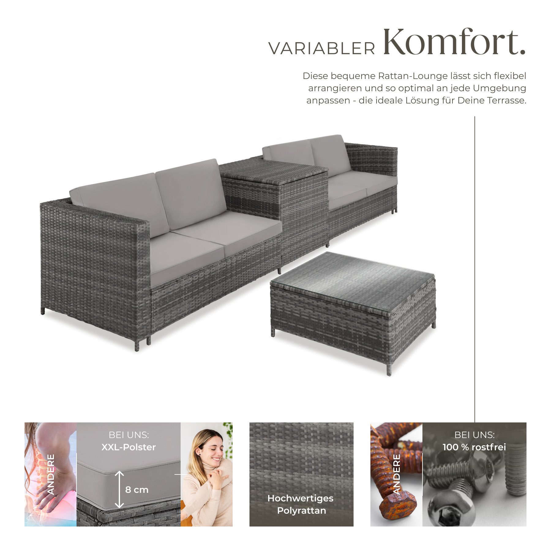 tectake Loungeset Rattan Sitzgruppe inkl. großer Aufbewahrungsbox, für 4 Personen, (Gartenlounge-set Siena, 5-tlg., geeignet für Outdoor in Grau/Hellgrau), widerstandsfähig und UV-beständig, Dicke der Sitzpolster 8 cm