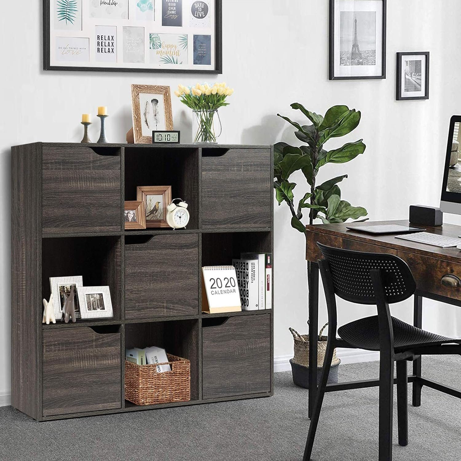 KOMFOTTEU Bücherregal Würfelregal mit 9 Fächern & 5 Türen, 90x29x90cm, grau günstig online kaufen