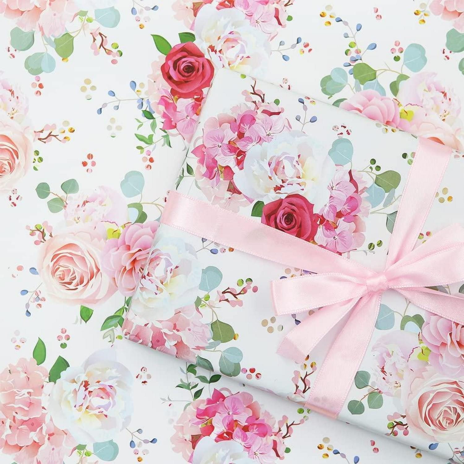 LuxusKollektion Geschenkpapier Geschenkpapier-Set Rosen Rosa/Rot 4 Blatt mit Band, (1St)