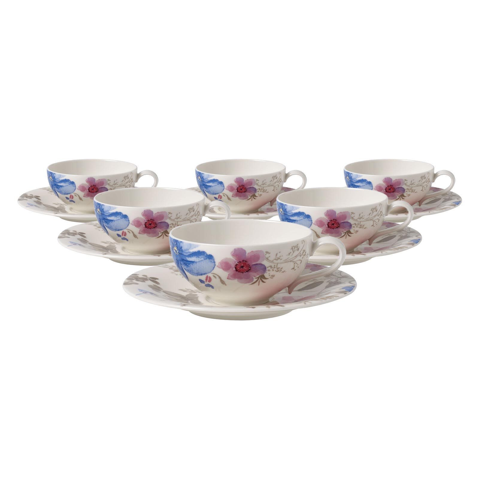 Villeroy & Boch Tasse Mariefleur Gris Basic Teetassen mit Untertassen, 6-tlg., Porzellan