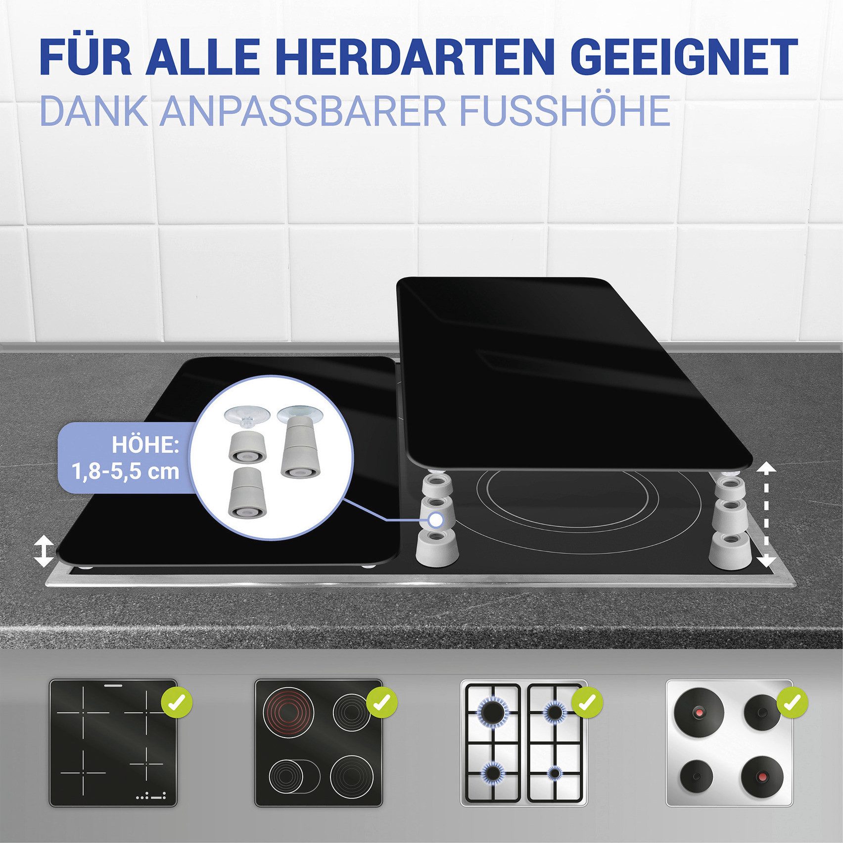 WENKO Herd-Abdeckplatte Universal Modell Schwarz, Glas, Kunststoff, (Set, 2 tlg), Herdabdeckung für alle Herdarten, kratzfest, mit rutschfesten Füßen