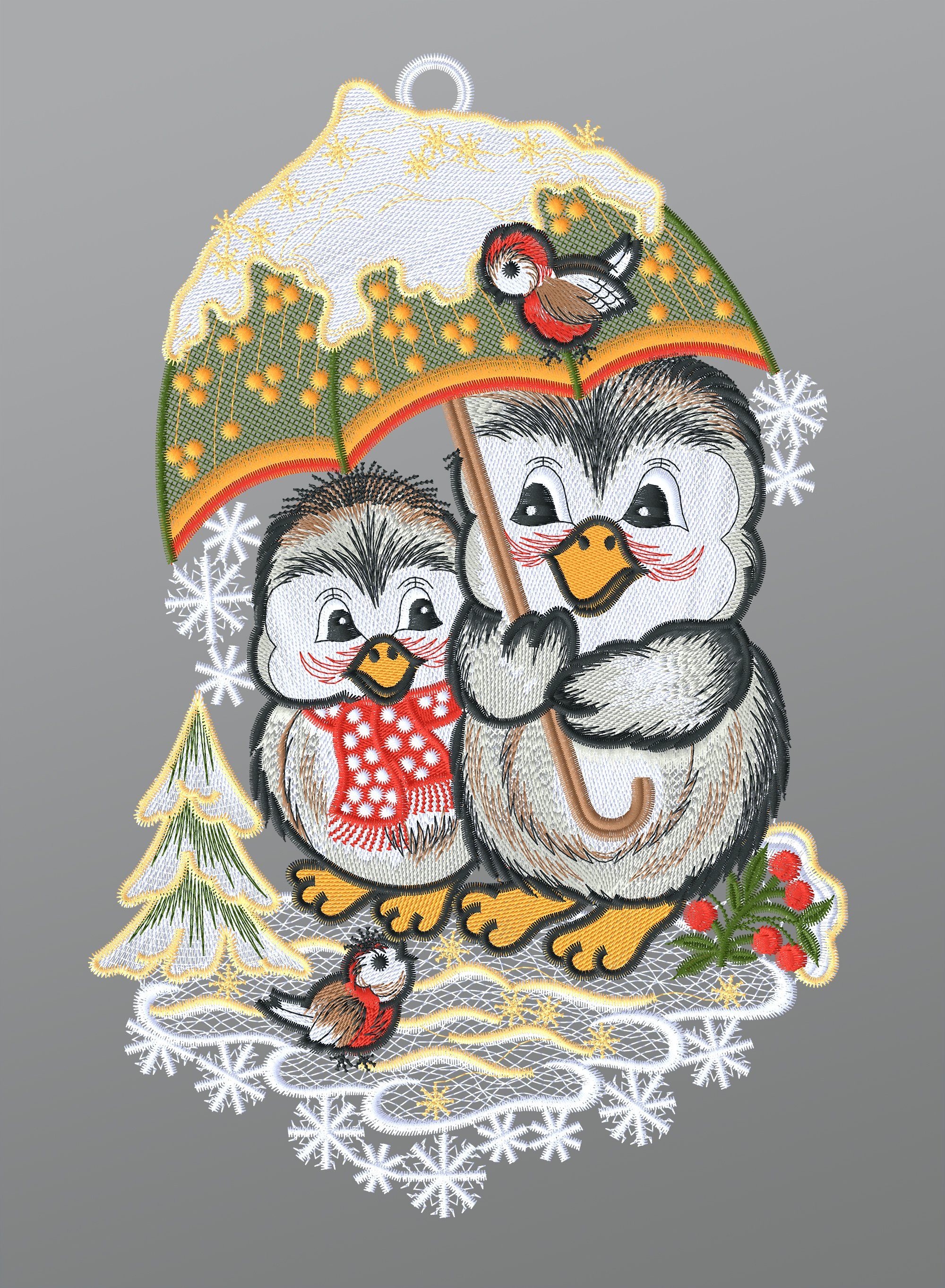 Plauener Spitze® Fensterbild Pinguinpaar mit Schirm, günstig online kaufen