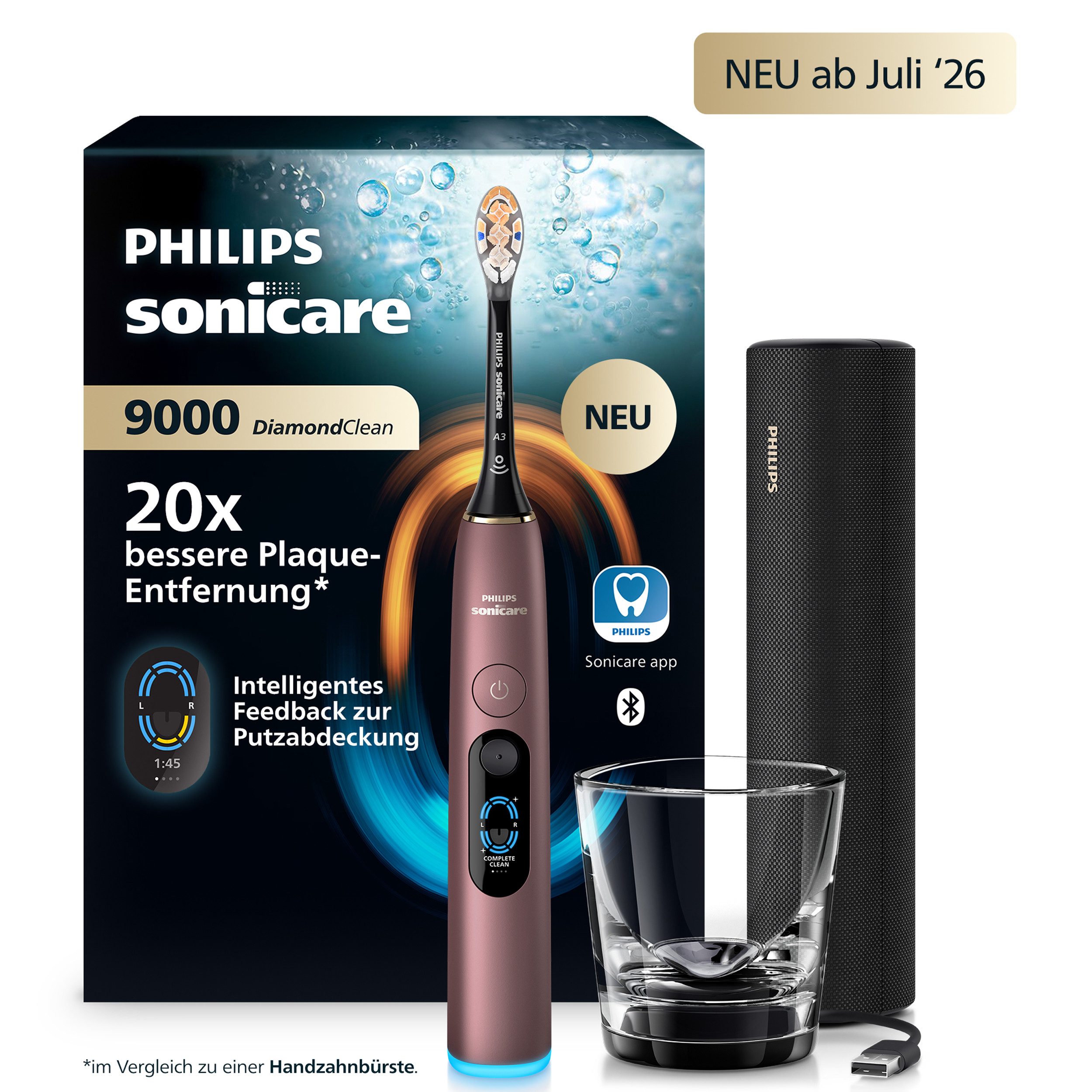 Philips Sonicare Elektrische Zahnbürste DiamondClean 9000 HX9213, Aufsteckbürsten: 1 St., mit Smart-Sensoren und 7 Putzprogrammen, inkl. Reiseladeetui