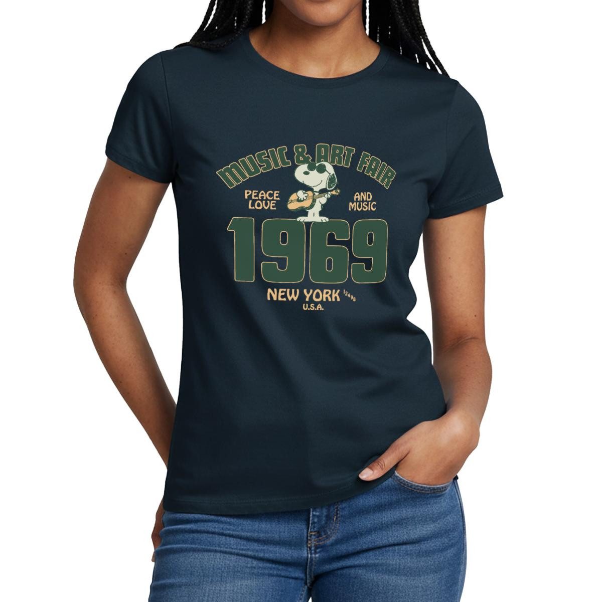 Spreadshirt T-Shirt Peanuts Snoopy Peace Love Music 1969 Frauen T-Shirt (1-tlg) Slim Fit, fällt klein aus