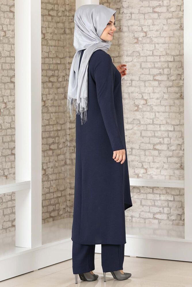 Modavitrini Longtunika Damen Hijab lange voll Tunika bedeckt Anzug Navy-Blau Kleidung Hose Zweiteiler mit