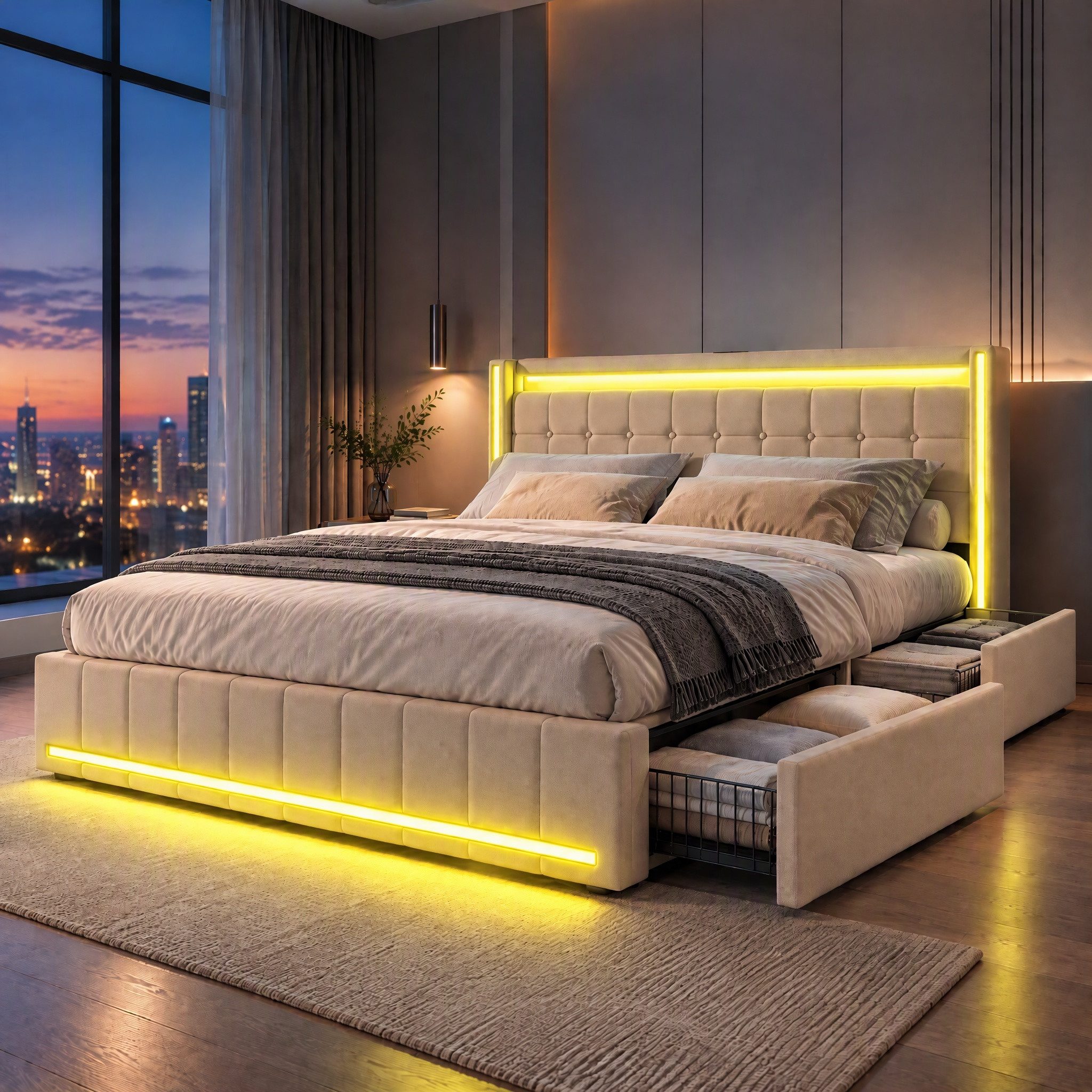 Furnishings Home Polsterbett LED Doppelbett Stauraumbett mit Kopfteil und 4 Schubladen (Leinenmaterial Polsterbett mit RGB Beleuchtung), mit Lattenrost und Ladefunktion, mit Komforthöhe, Leises Design Bett