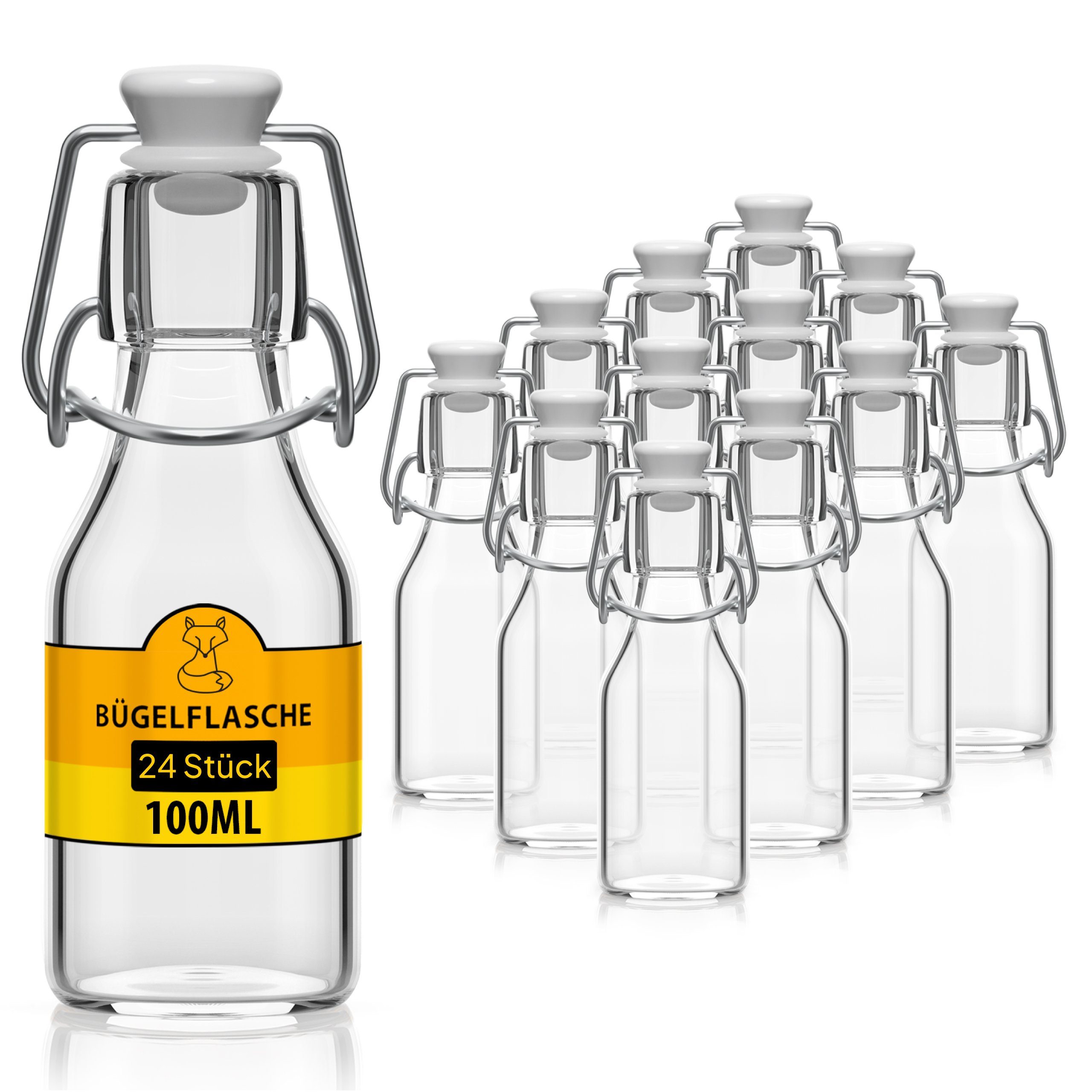 Flaschen-Fuchs Vorratsglas 100ml Flaschen zum Befüllen Bügelverschluss Schnaps Likörflaschen, Glas, (24er Set)