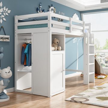Flieks Hochbett Kinderbett Etagenbett 90x200cm mit offenen Kleiderschrank und Regalen