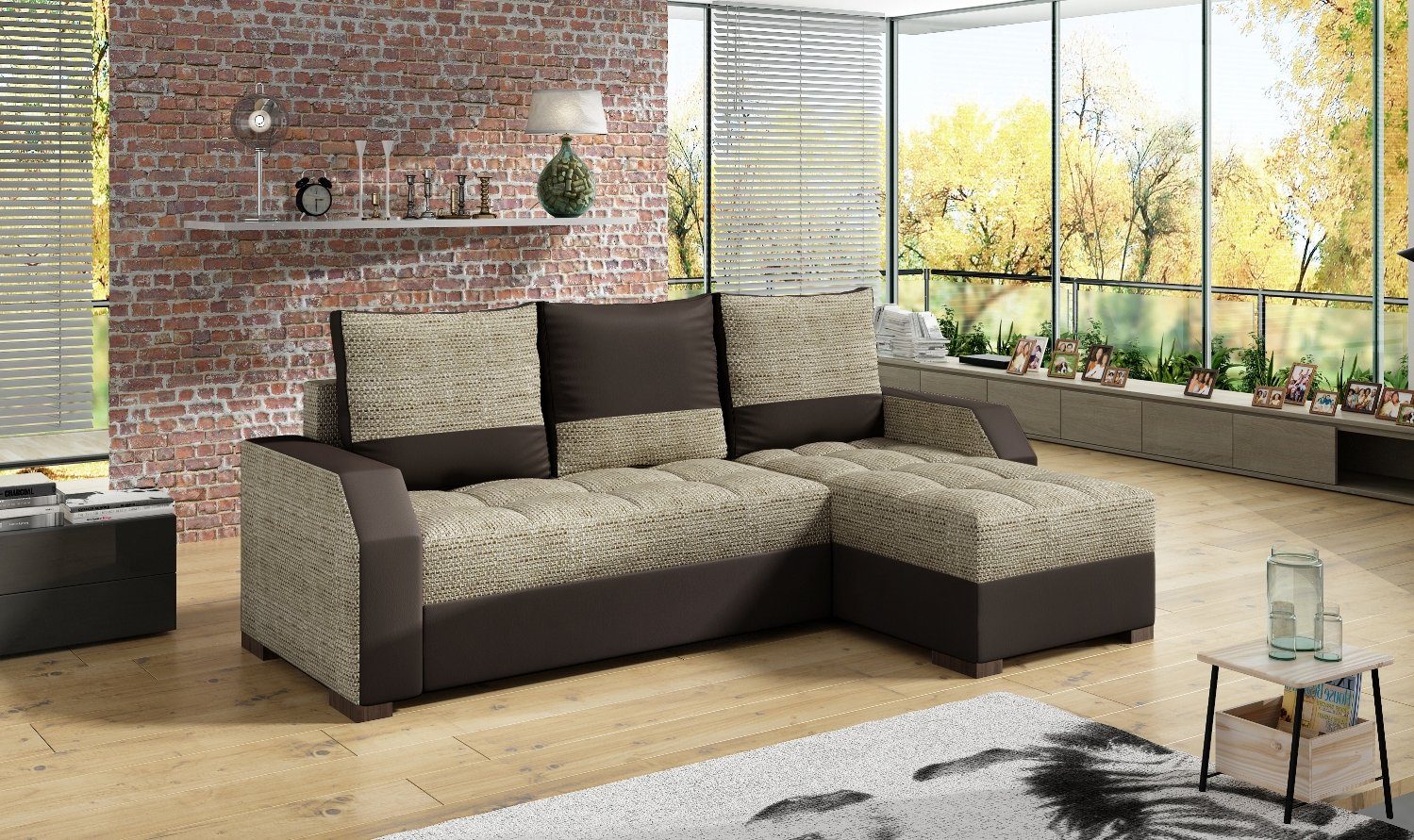 JVmoebel Ecksofa, Design Ecksofa Bettfunktion Couch Leder Textil Polster Sofas Couchen Beige / Dunkelbraun