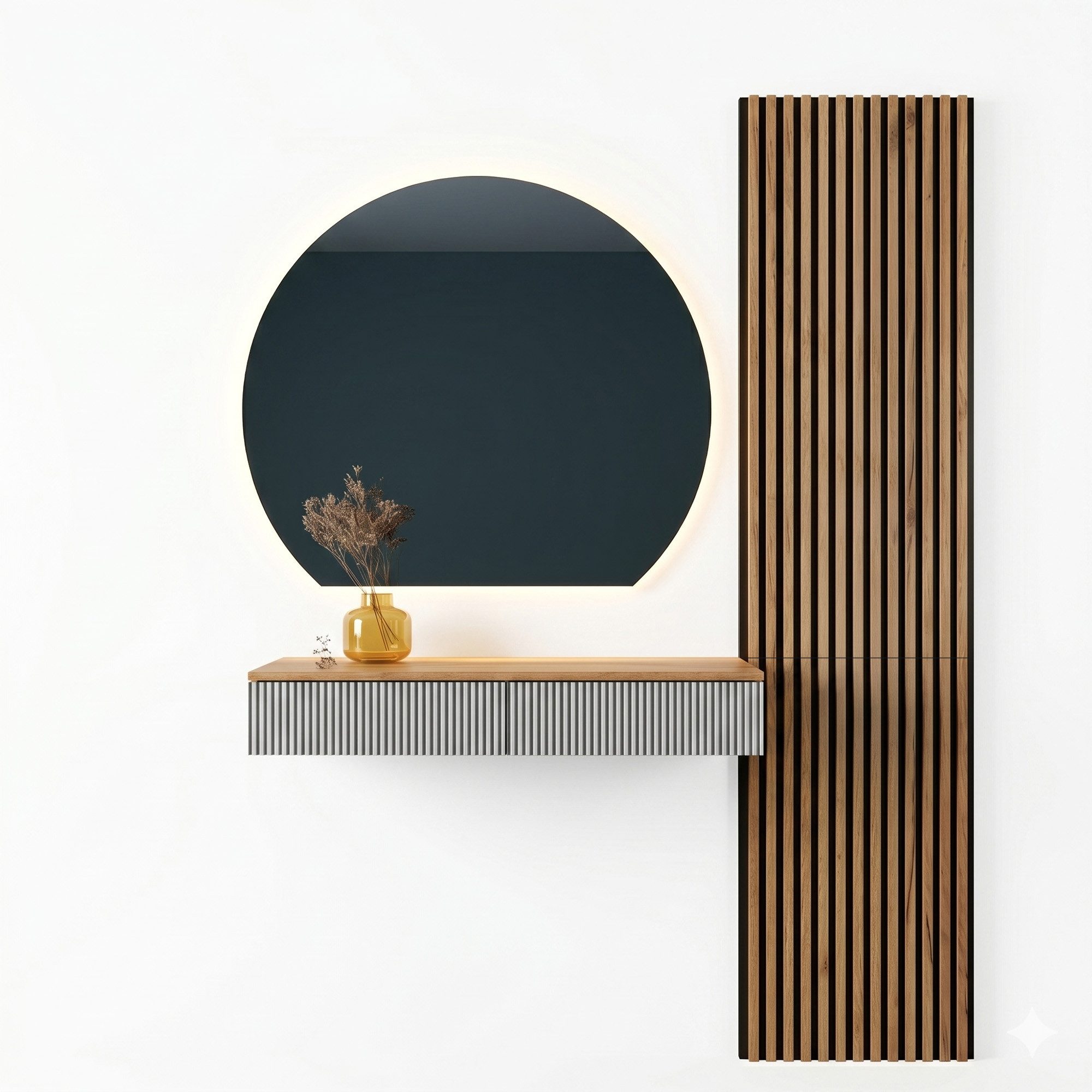 Planetmöbel Garderoben-Set AMYRA Flur Garderobe Spiegel mit Beleuchtung & Akustikpaneele, (LED Spiegel AUBE 100 x 90 cm, Touch-Funktion, Dimmbar, Konsolentisch 100 cm mit moderner Front weiß), Akustikpaneele 2 x 120cm mit MDF-Latten & 5mm Filzplatte