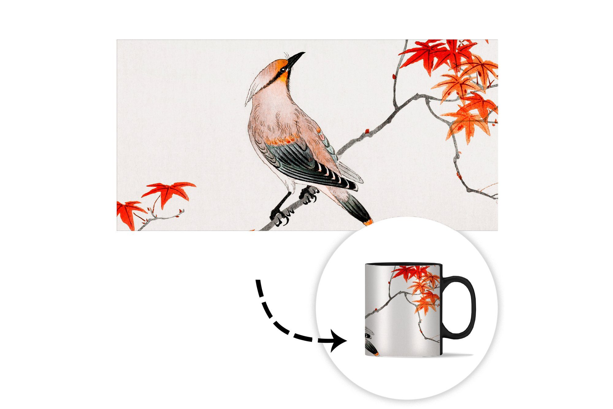 Geschenk Keramik, MuchoWow Zaubertasse, - Farbwechsel, Tasse - Vogel Kaffeetassen, Teetasse, Japanischer Ahorn Vintage,