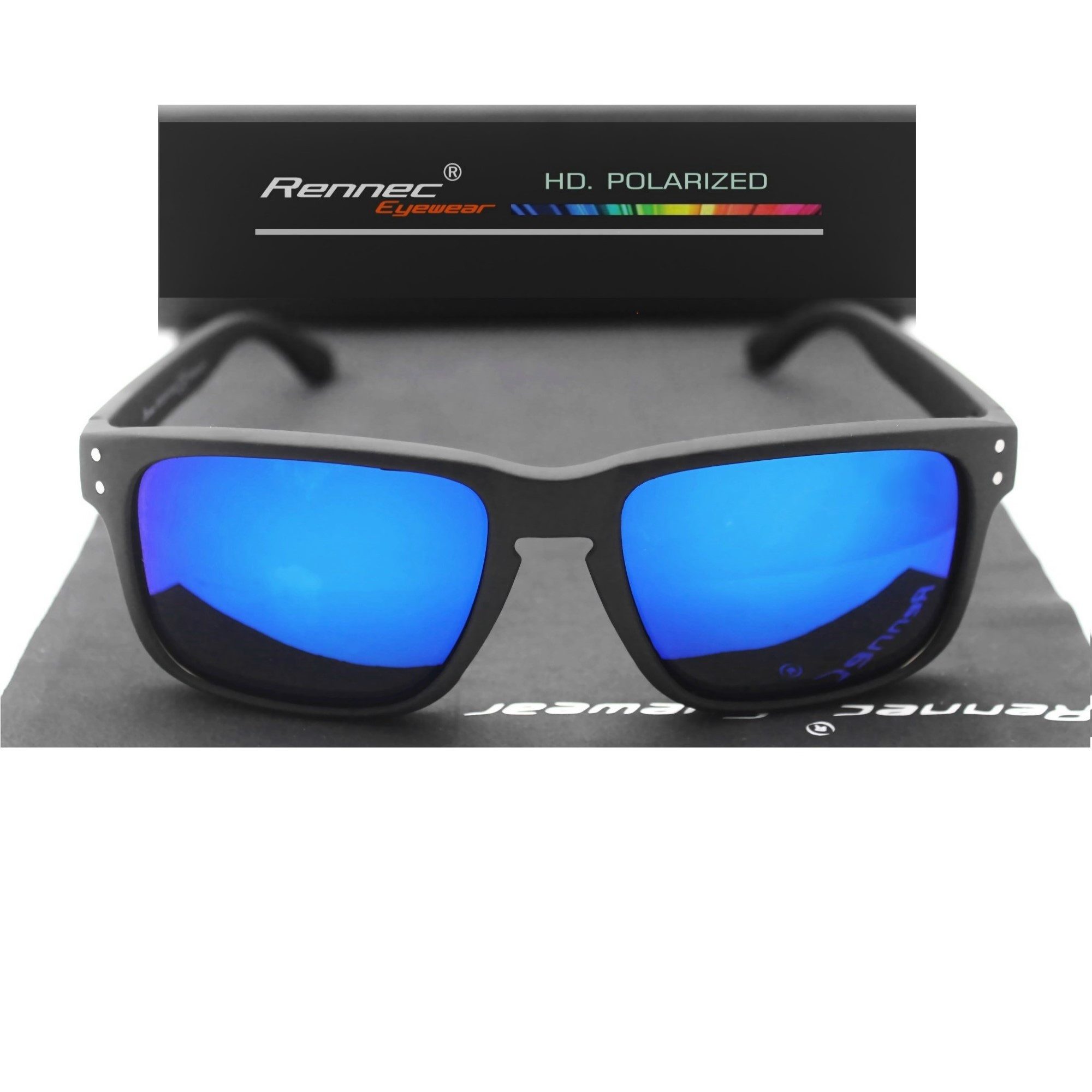 Rennec Sonnenbrille Herren Polarisiert Markenbrille mit Brillenbeutel Gläser Blau Verspiegelt Stabile Gelenke Markenschriftzug