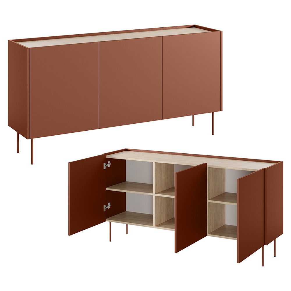 Lomadox Wohnzimmer-Set DELFT-141, (Mega-Spar-Set, 3-St., Couchtisch Lowboard Sideboard), in keramikrot mit Eiche, Metfallfüße, modern, grifflos