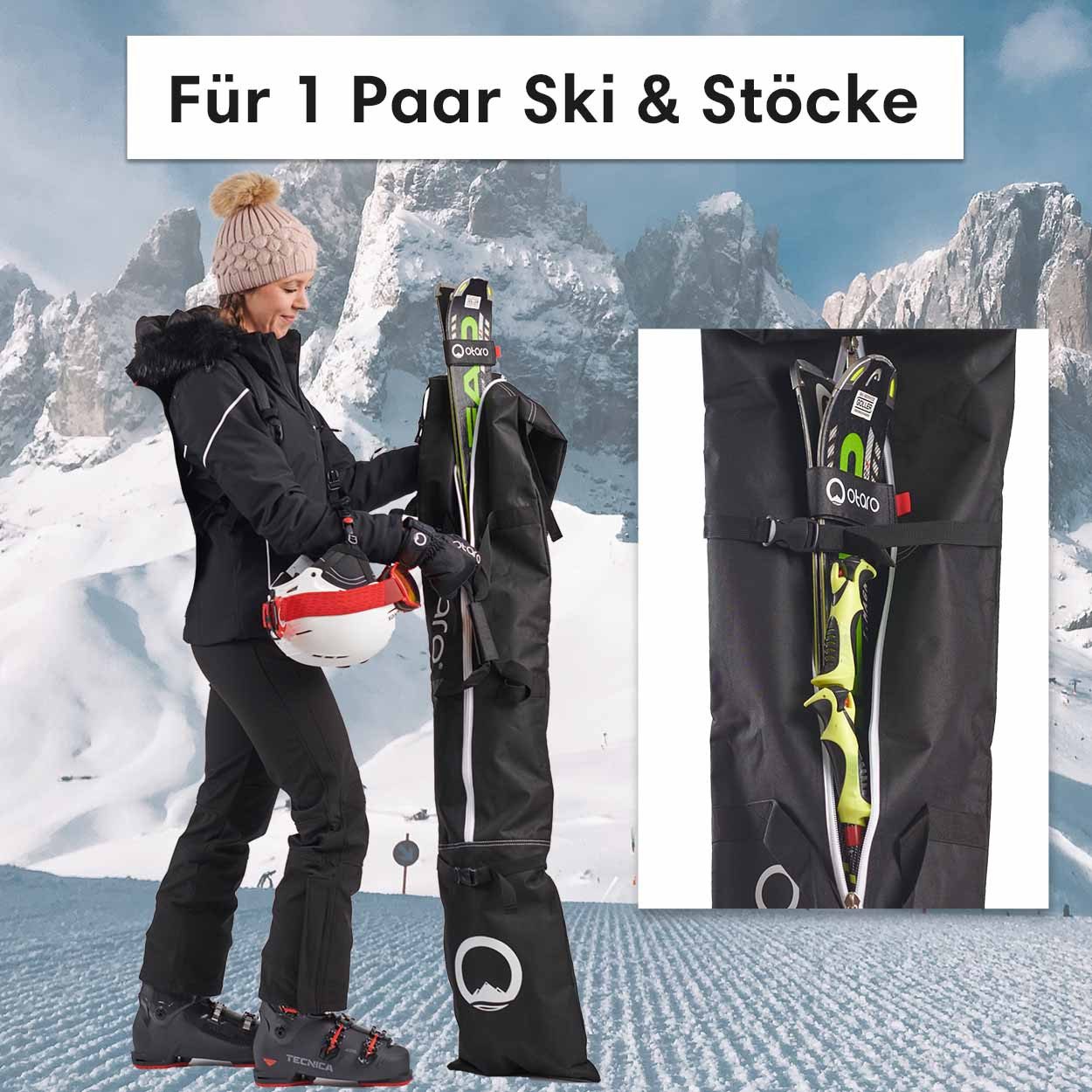 Otaro Skitasche Skitasche mit Schultergurt Skisack zum umhängen, Für 1 oder 2 Paar (Schutz für Ski & Stöcke, 1-tlg., für Skifahren/Langlauf)