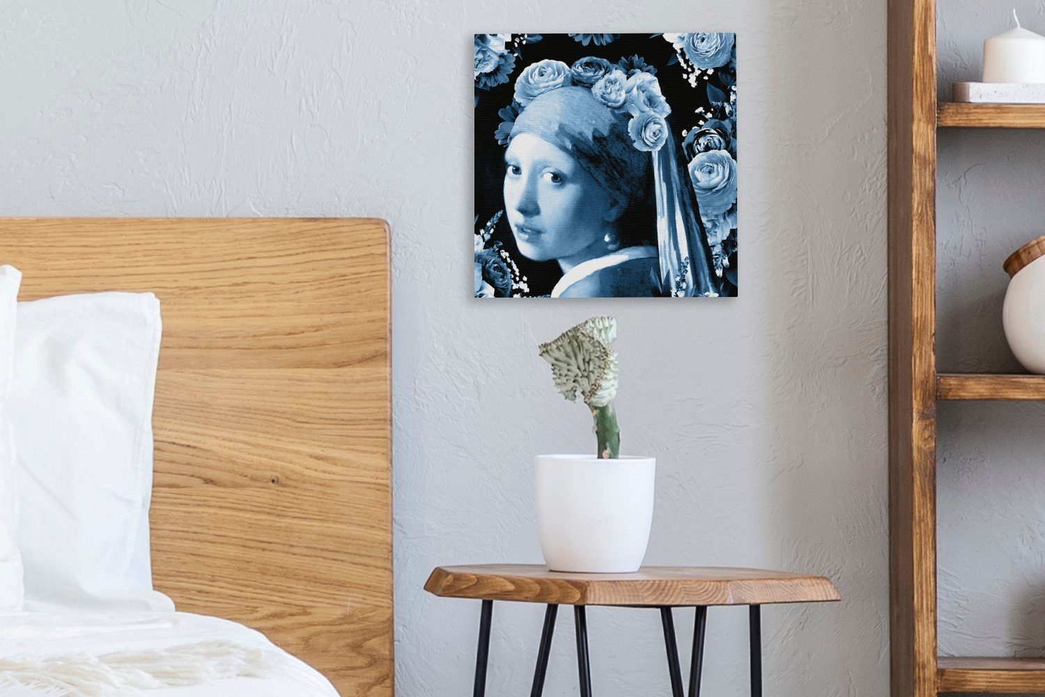 - Bilder Perlenohrring (1 Gemälde Wohnzimmer Leinwand Mädchen Rosen mit OneMillionCanvasses® St), Schlafzimmer einem - Blau, für