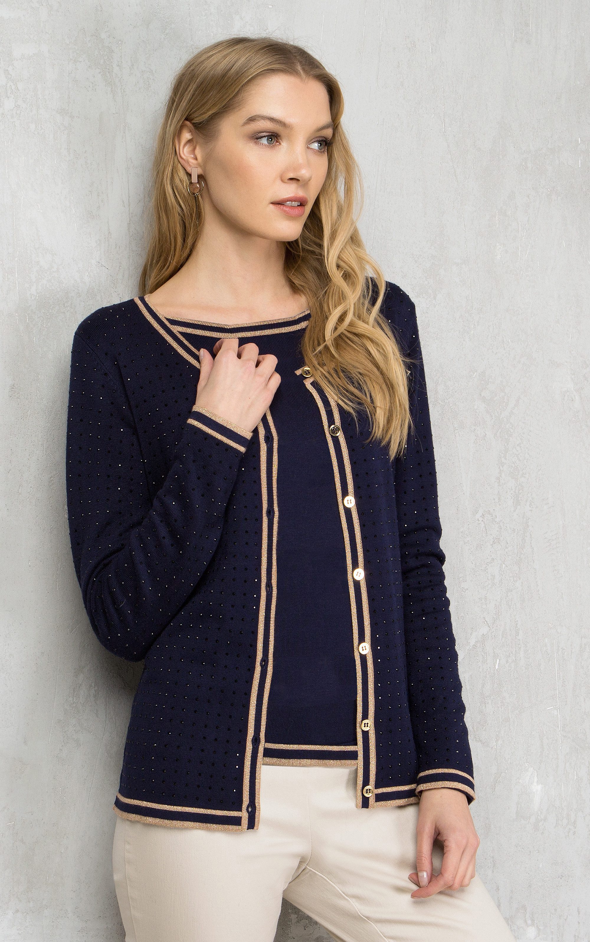 Passioni Cardigan Twinset mit Strasssteinen und Streifen günstig online kaufen