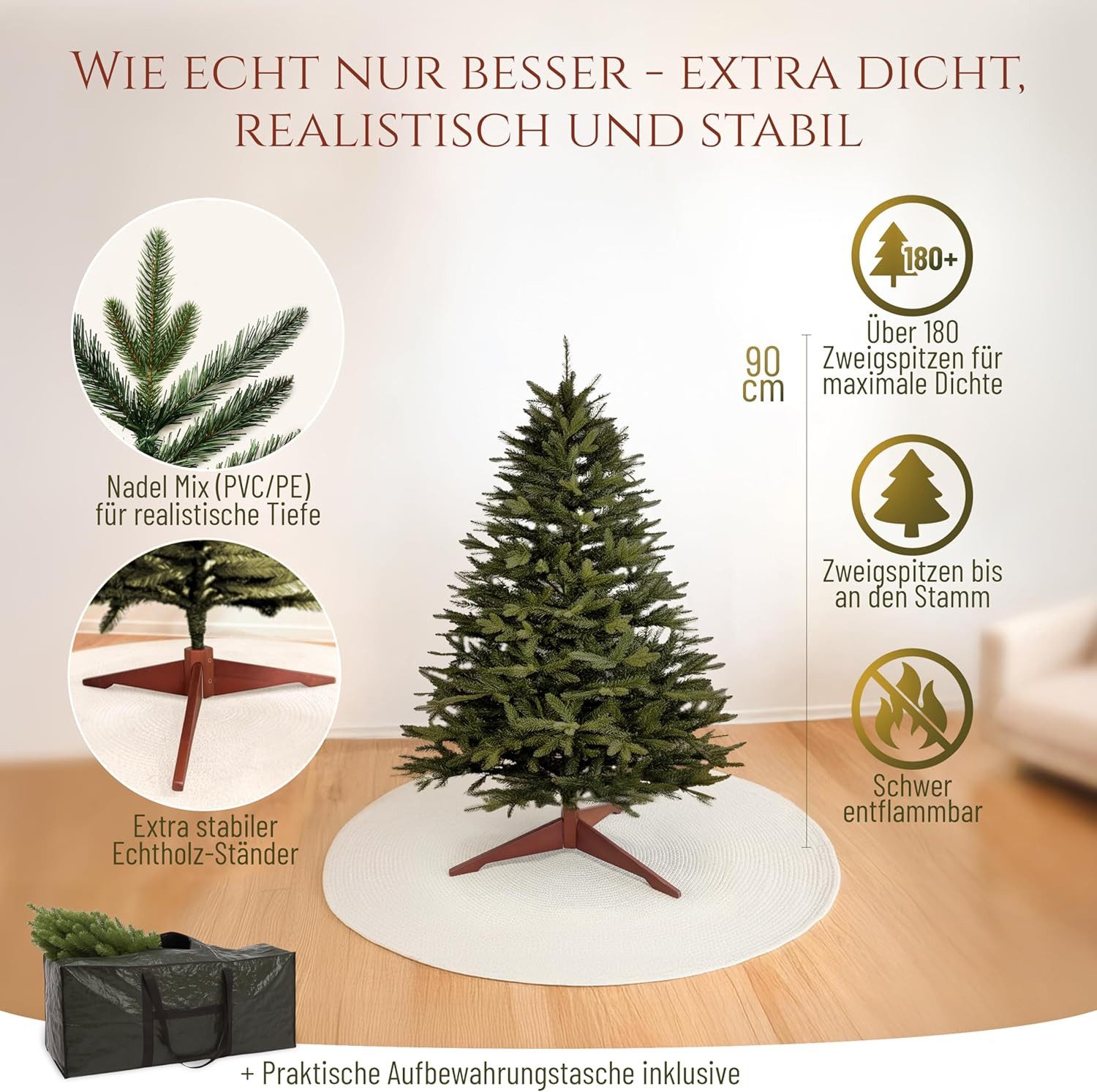 PURE LIVING INTERIOR DESIGN Künstlicher Weihnachtsbaum 90 cm Nordmanntanne, mit Holzständer