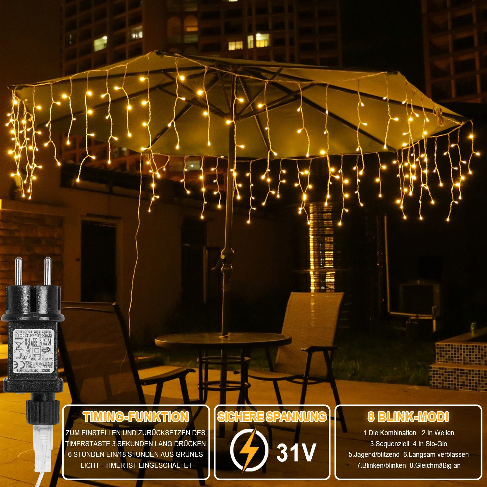 Sunicol LED-Lichtervorhang 5/10/15M, 8 Modi Anschliessbar Eisregen Lichterkette, Speicherfunktion, 31V Sichere Spannung, Timer, für Weihnachtsdeko Traufe Garten Balkon