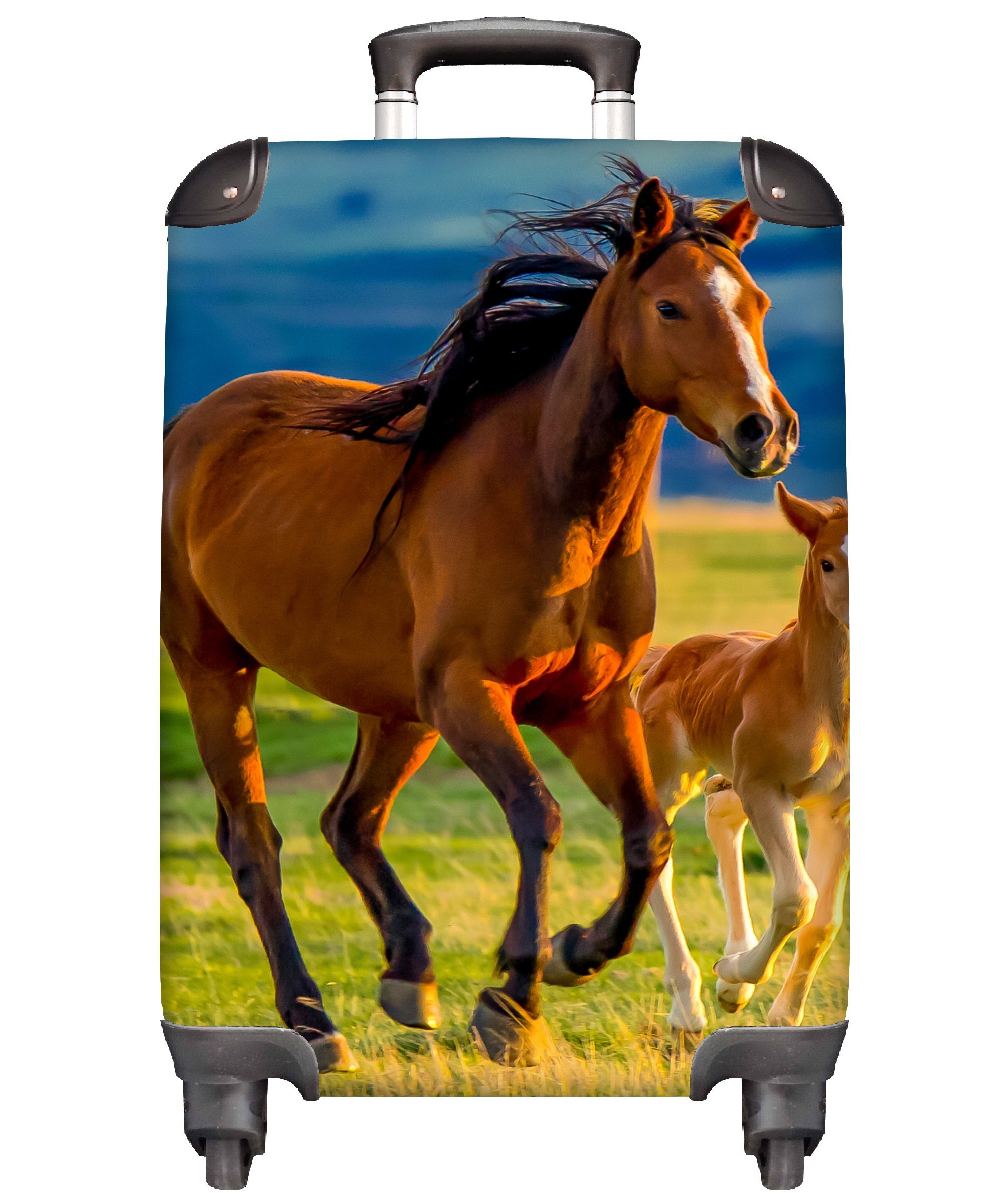 MuchoWow Handgepäckkoffer Pferde - - mit Ferien, Natur, Trolley, - rollen, 4 Handgepäck Tiere Rollen, Reisetasche Landschaft Gras für Reisekoffer 